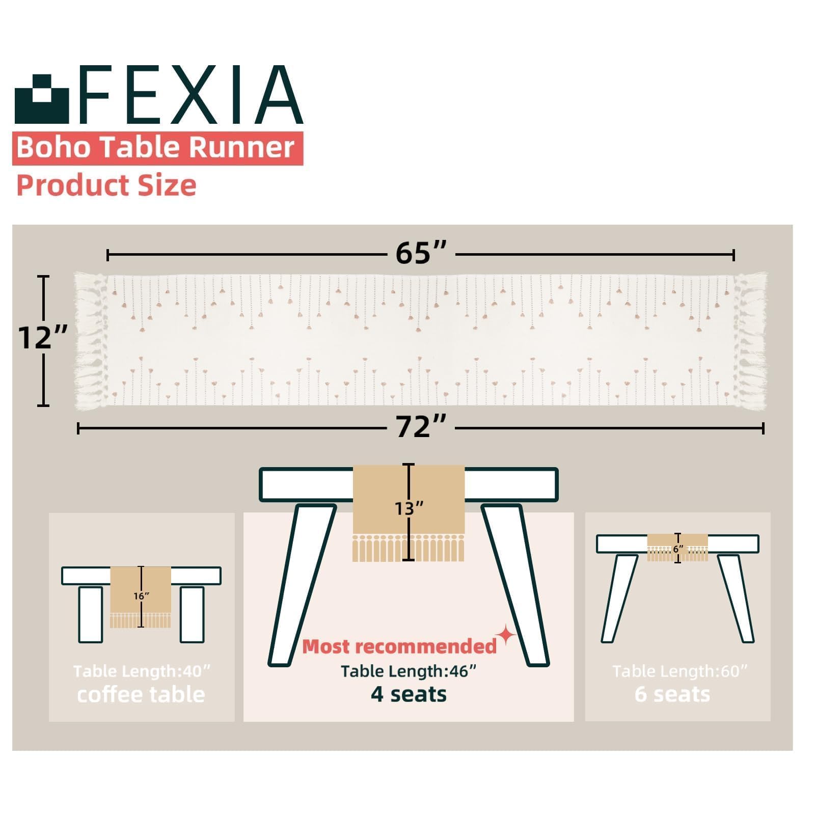 FEXIA Boho Table Runner for Summer Home Decor with Tassels 72 Inches Long Farmhouse Rustic Table Runner Macrame Burlap Table Decoration for Living Room Bridal Shower(12x72 Inches)