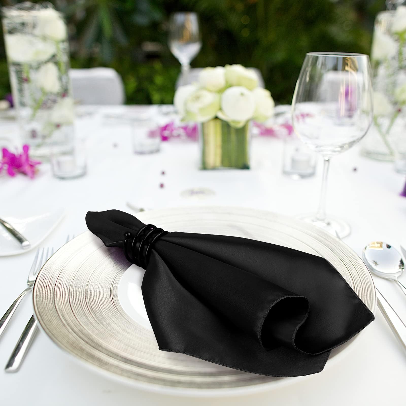 MCEAST Satin Cloth Napkins and Napkin Rings Set of 8, Smooth Fabric Table Napkins and Napkin Holder for Wedding, Birthday Dinner Party, Family Gatherings, Table Decor (Ivory, 17 x 17 Inches)