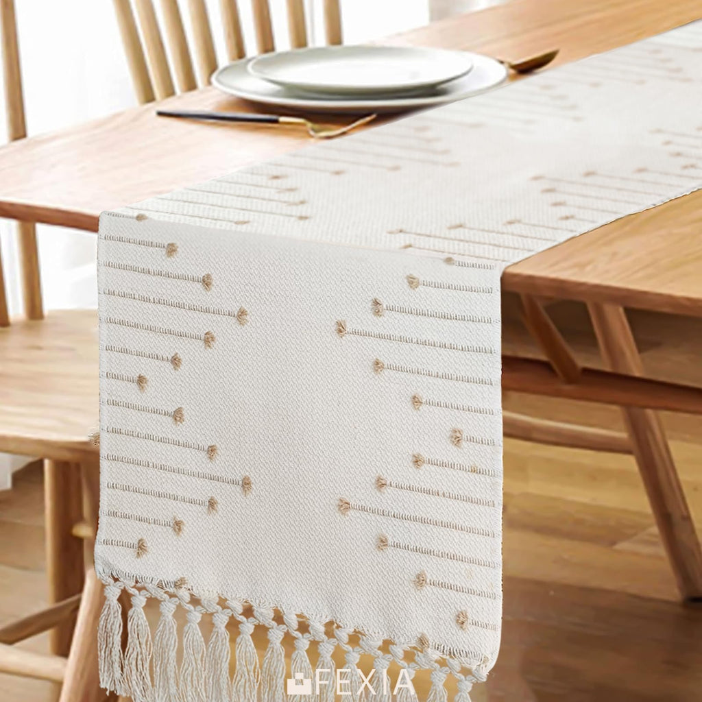 FEXIA Boho Table Runner for Summer Home Decor with Tassels 72 Inches Long Farmhouse Rustic Table Runner Macrame Burlap Table Decoration for Living Room Bridal Shower(12x72 Inches)