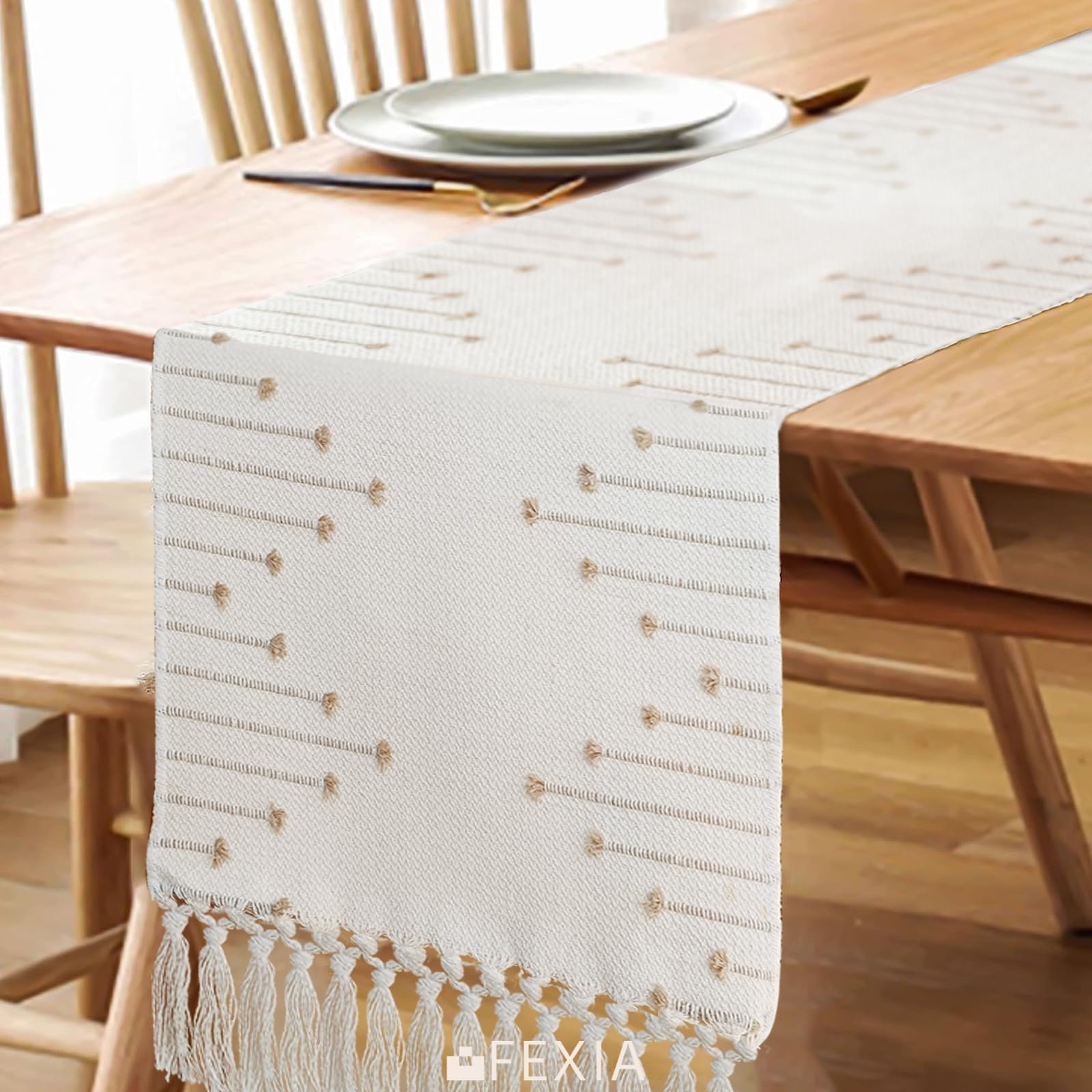 FEXIA Boho Table Runner for Summer Home Decor with Tassels 72 Inches Long Farmhouse Rustic Table Runner Macrame Burlap Table Decoration for Living Room Bridal Shower(12x72 Inches)