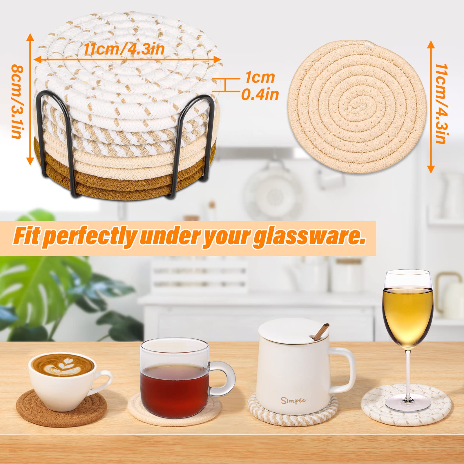 Mckanti Drink Coasters Set of 8, 4 Colors Absorbent Coasters for Drinks, Minimalist Cotton Woven Coaster for Living Room Decor, Tabletop Protection Suitable for Kinds of Cups, 4.3 Inches