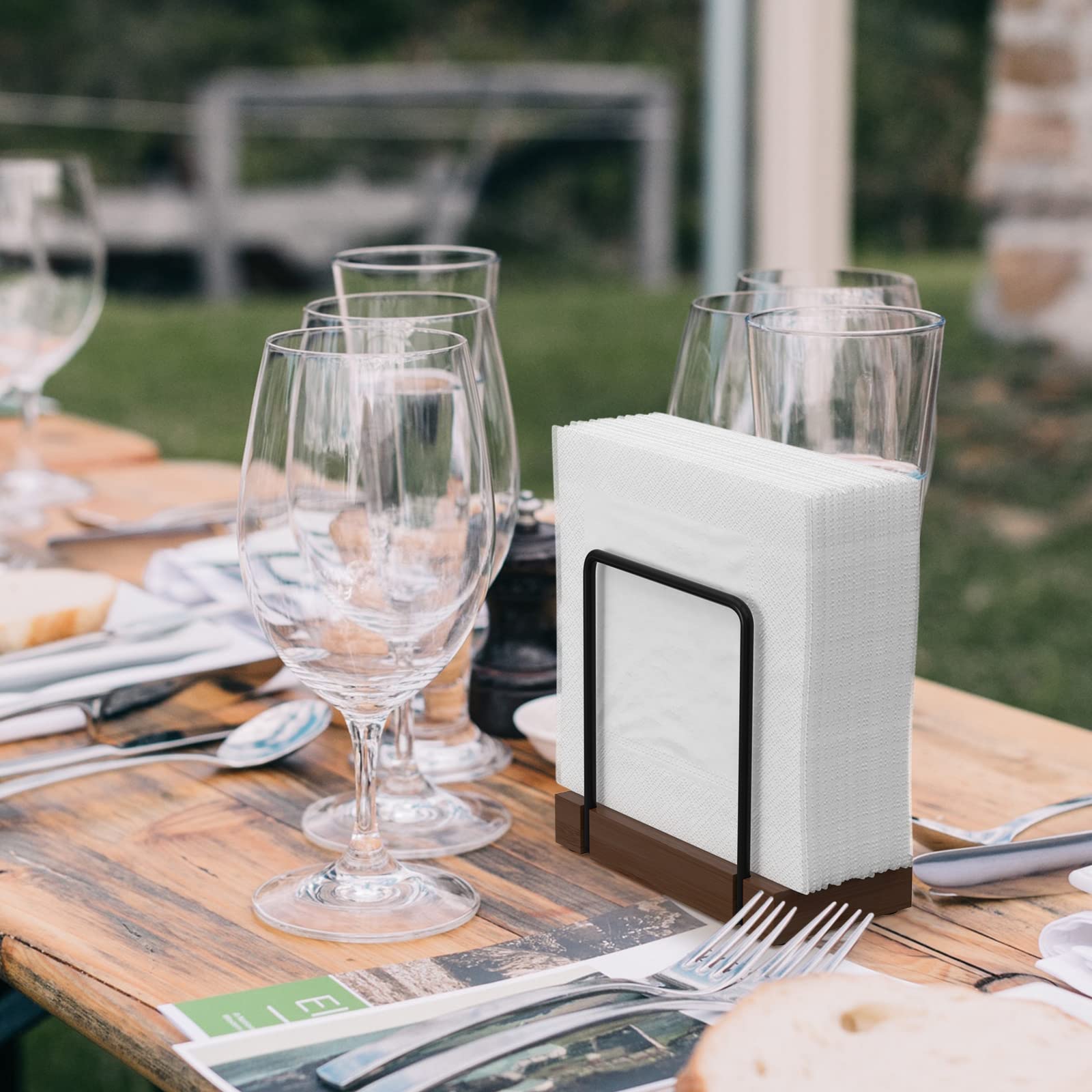 Wican Napkin Holder for Table, Bamboo Iron Standing Napkin Dispenser for Kitchen Dining Farmhouse Cocktail Picnic Bar Rustic Wood Holders for Paper Mail Bills Suitable for All Dining Room Decors Black