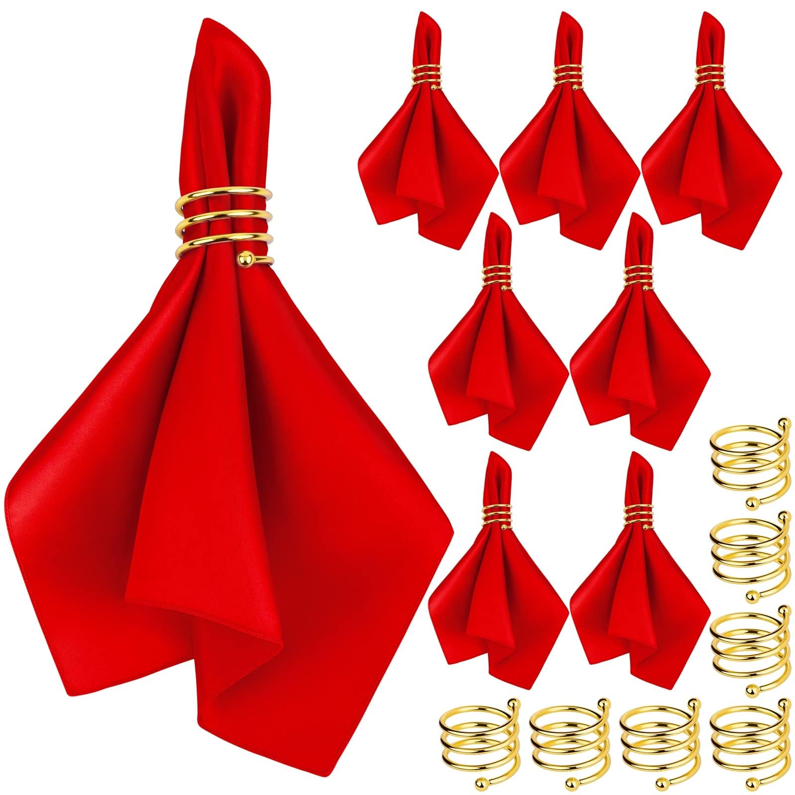 MCEAST Satin Cloth Napkins and Napkin Rings Set of 8, Smooth Fabric Table Napkins and Napkin Holder for Wedding, Birthday Dinner Party, Family Gatherings, Table Decor (Ivory, 17 x 17 Inches)