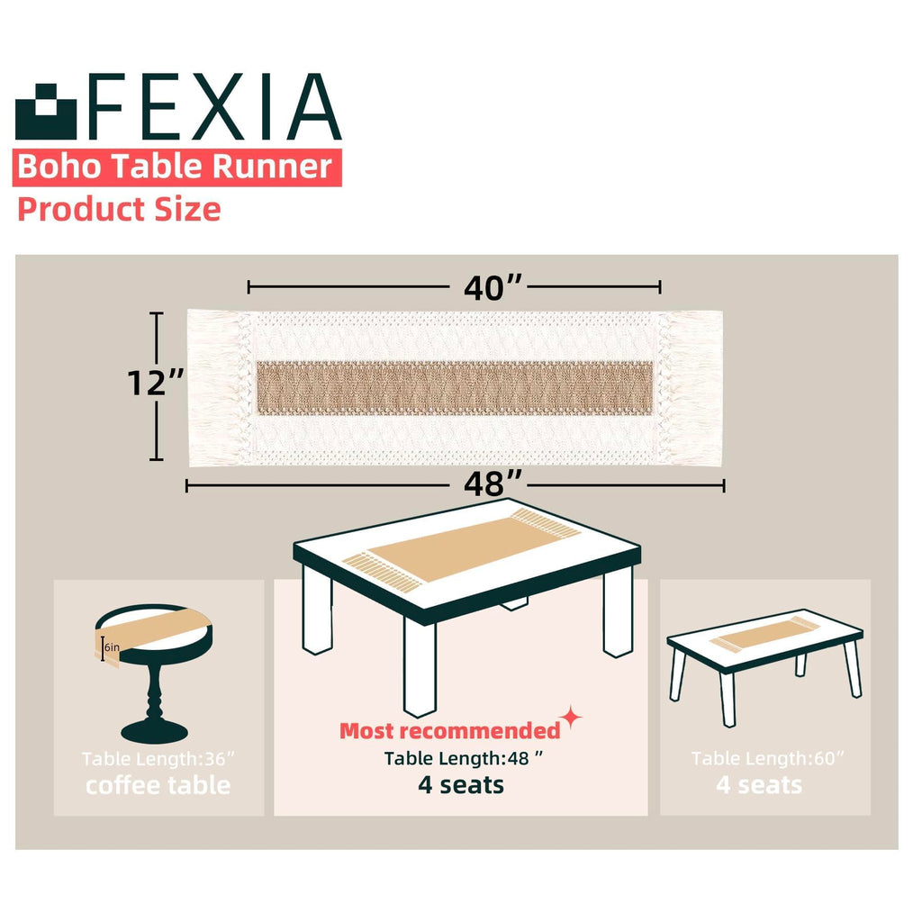 FEXIA Boho Table Runner for Summer Home Decor with Tassels 72 Inches Long Farmhouse Rustic Table Runner Macrame Burlap Table Decoration for Living Room Bridal Shower(12x72 Inches)