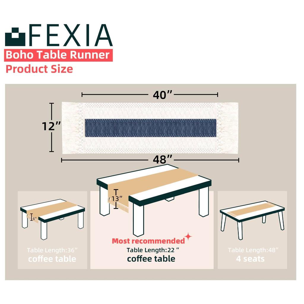 FEXIA Boho Table Runner for Summer Home Decor with Tassels 72 Inches Long Farmhouse Rustic Table Runner Macrame Burlap Table Decoration for Living Room Bridal Shower(12x72 Inches)