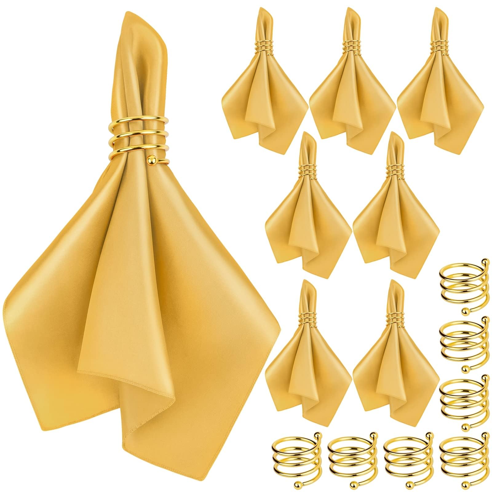 MCEAST Satin Cloth Napkins and Napkin Rings Set of 8, Smooth Fabric Table Napkins and Napkin Holder for Wedding, Birthday Dinner Party, Family Gatherings, Table Decor (Ivory, 17 x 17 Inches)