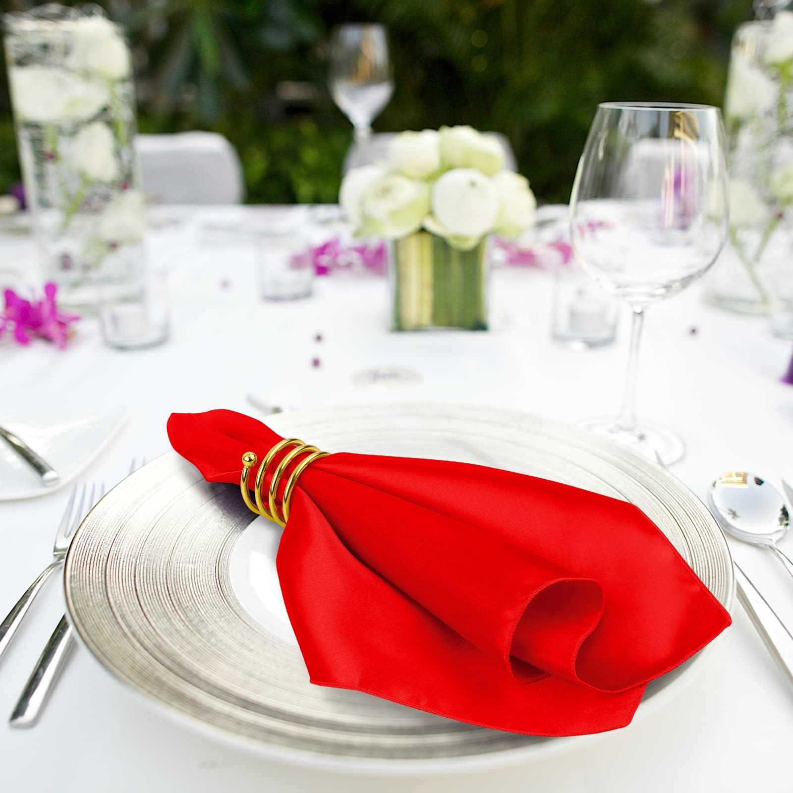 MCEAST Satin Cloth Napkins and Napkin Rings Set of 8, Smooth Fabric Table Napkins and Napkin Holder for Wedding, Birthday Dinner Party, Family Gatherings, Table Decor (Ivory, 17 x 17 Inches)