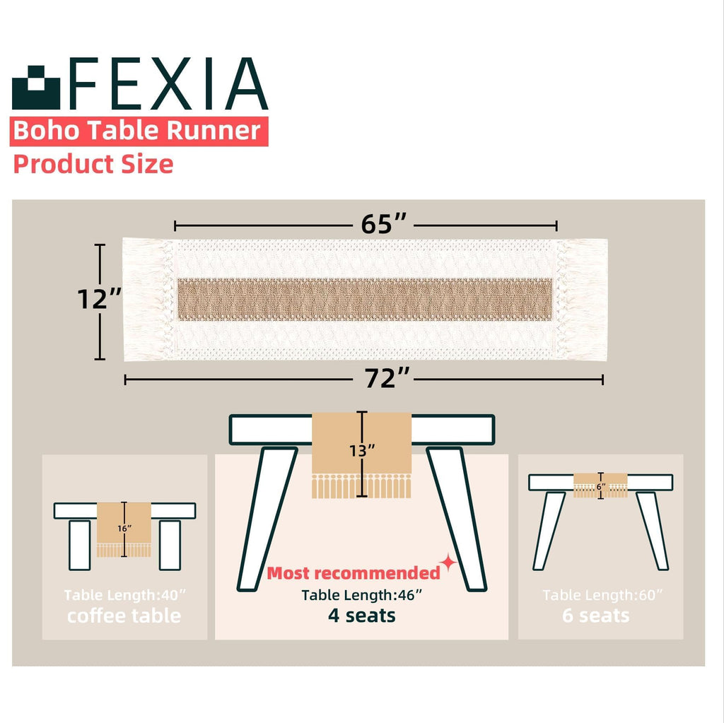 FEXIA Boho Table Runner for Summer Home Decor with Tassels 72 Inches Long Farmhouse Rustic Table Runner Macrame Burlap Table Decoration for Living Room Bridal Shower(12x72 Inches)