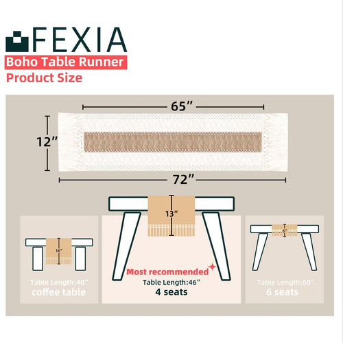 FEXIA Boho Table Runner for Summer Home Decor with Tassels 72 Inches Long Farmhouse Rustic Table Runner Macrame Burlap Table Decoration for Living Room Bridal Shower(12x72 Inches)