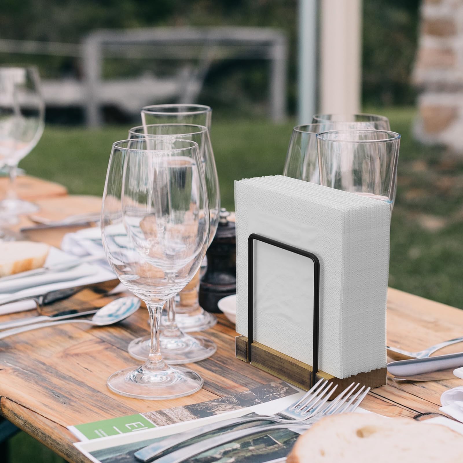 Wican Napkin Holder for Table, Bamboo Iron Standing Napkin Dispenser for Kitchen Dining Farmhouse Cocktail Picnic Bar Rustic Wood Holders for Paper Mail Bills Suitable for All Dining Room Decors Black