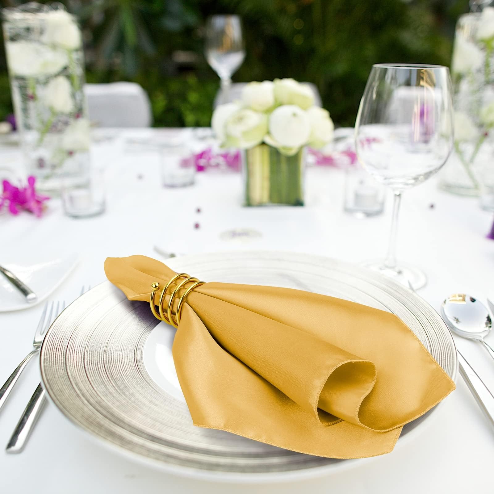 MCEAST Satin Cloth Napkins and Napkin Rings Set of 8, Smooth Fabric Table Napkins and Napkin Holder for Wedding, Birthday Dinner Party, Family Gatherings, Table Decor (Ivory, 17 x 17 Inches)
