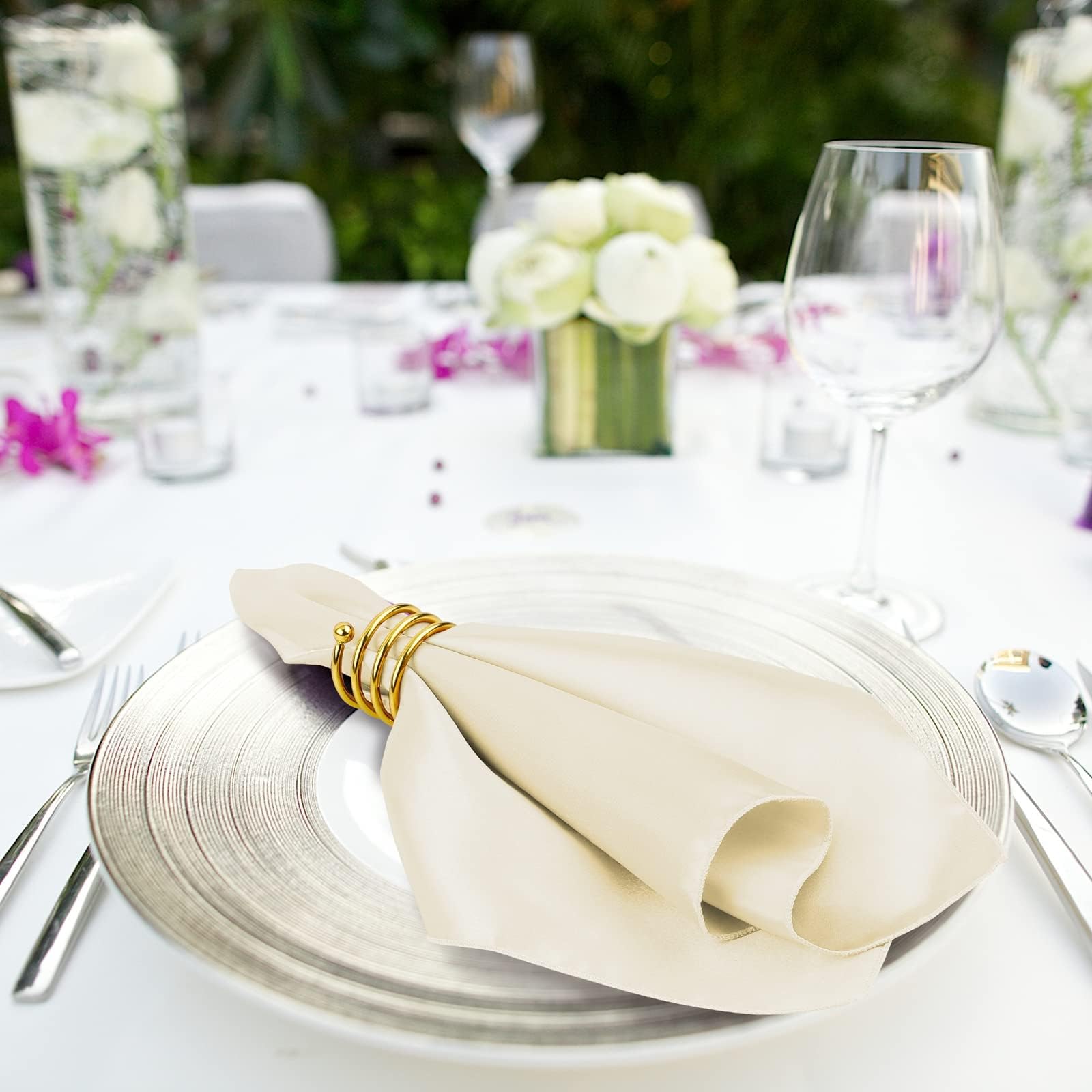 MCEAST Satin Cloth Napkins and Napkin Rings Set of 8, Smooth Fabric Table Napkins and Napkin Holder for Wedding, Birthday Dinner Party, Family Gatherings, Table Decor (Ivory, 17 x 17 Inches)