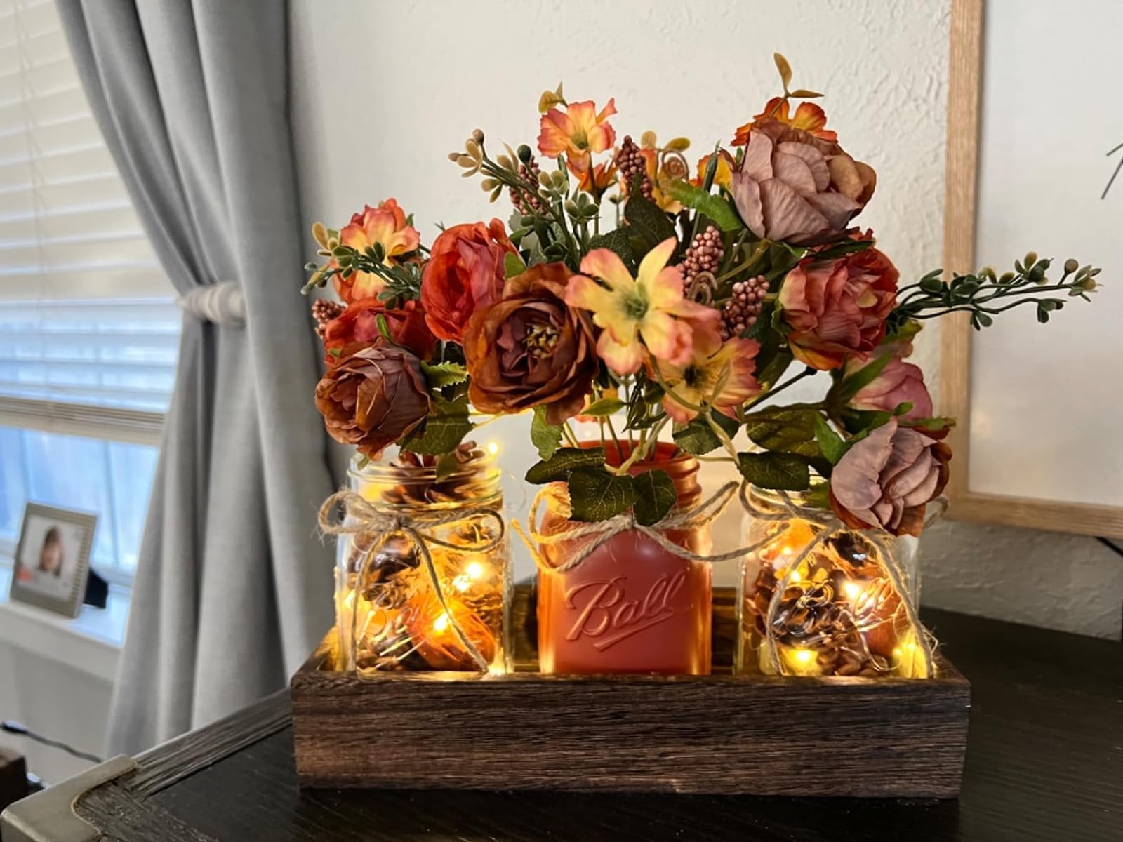DUOER 3 Pcs Mason Jar Centerpiece Table Decorations for Dining Table Decor Farmhouse Coffee Table Decor with Wood Tray and Led Light Table Centerpieces for Dining room Kitchen Living Bathroom,White