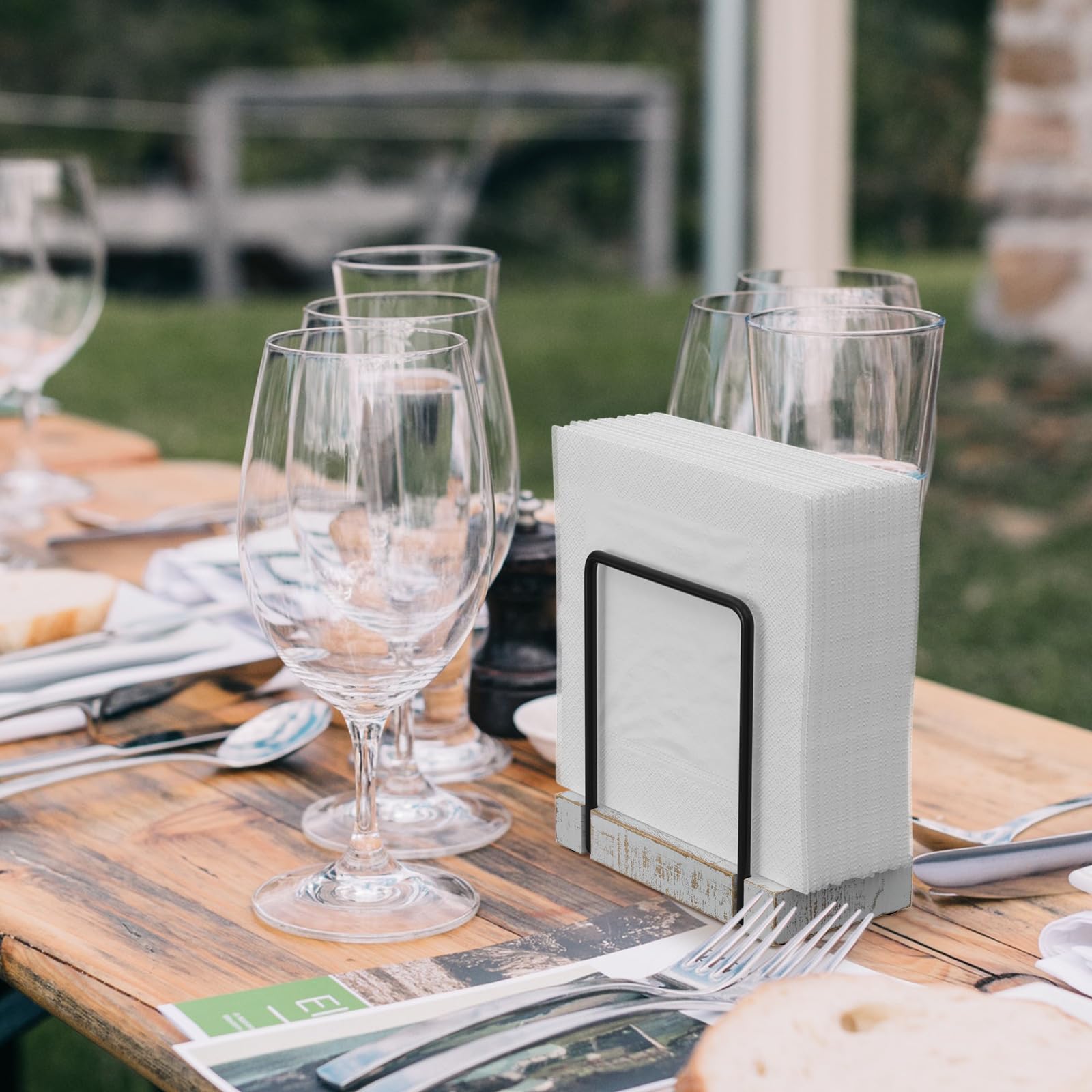 Wican Napkin Holder for Table, Bamboo Iron Standing Napkin Dispenser for Kitchen Dining Farmhouse Cocktail Picnic Bar Rustic Wood Holders for Paper Mail Bills Suitable for All Dining Room Decors Black