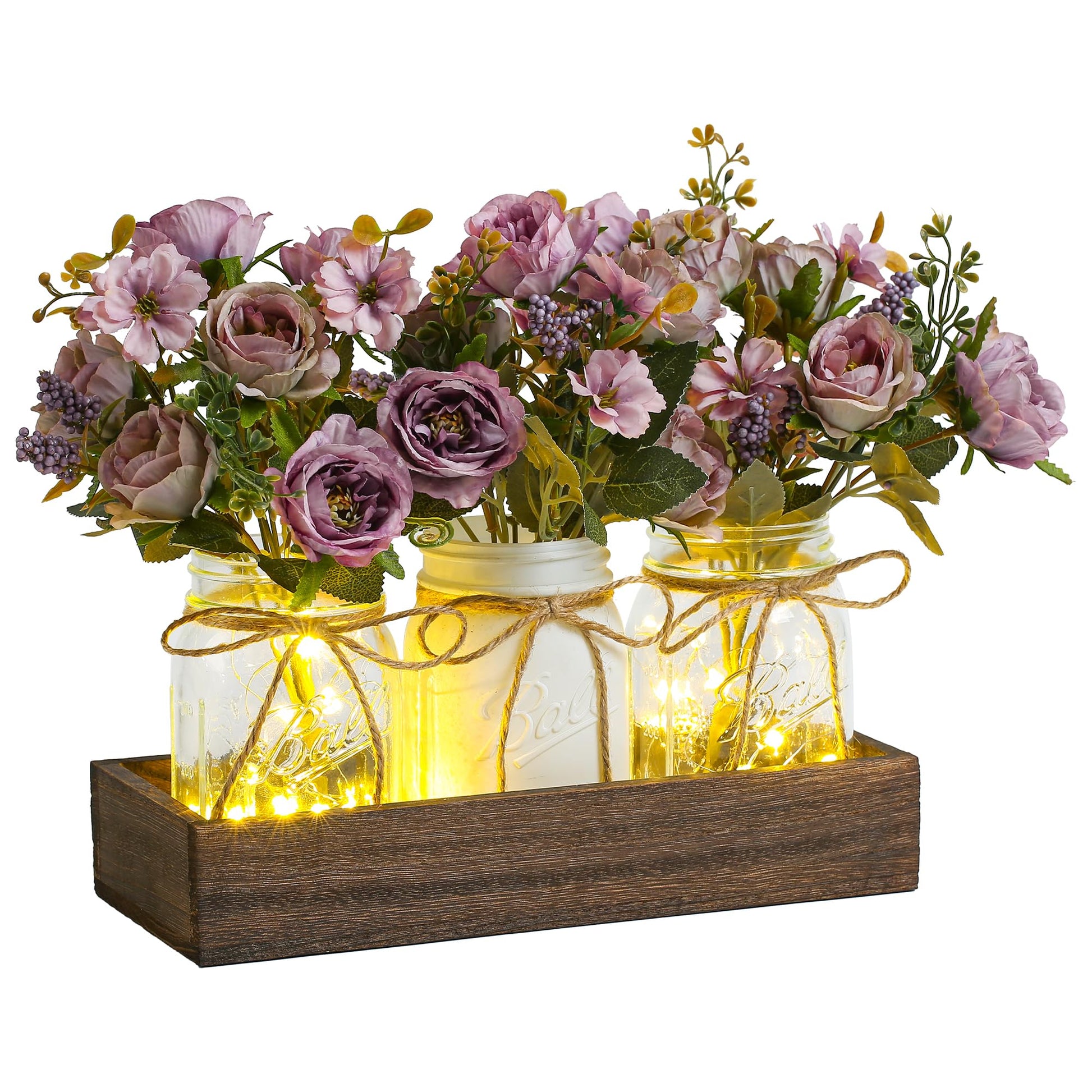 DUOER 3 Pcs Mason Jar Centerpiece Table Decorations for Dining Table Decor Farmhouse Coffee Table Decor with Wood Tray and Led Light Table Centerpieces for Dining room Kitchen Living Bathroom,White