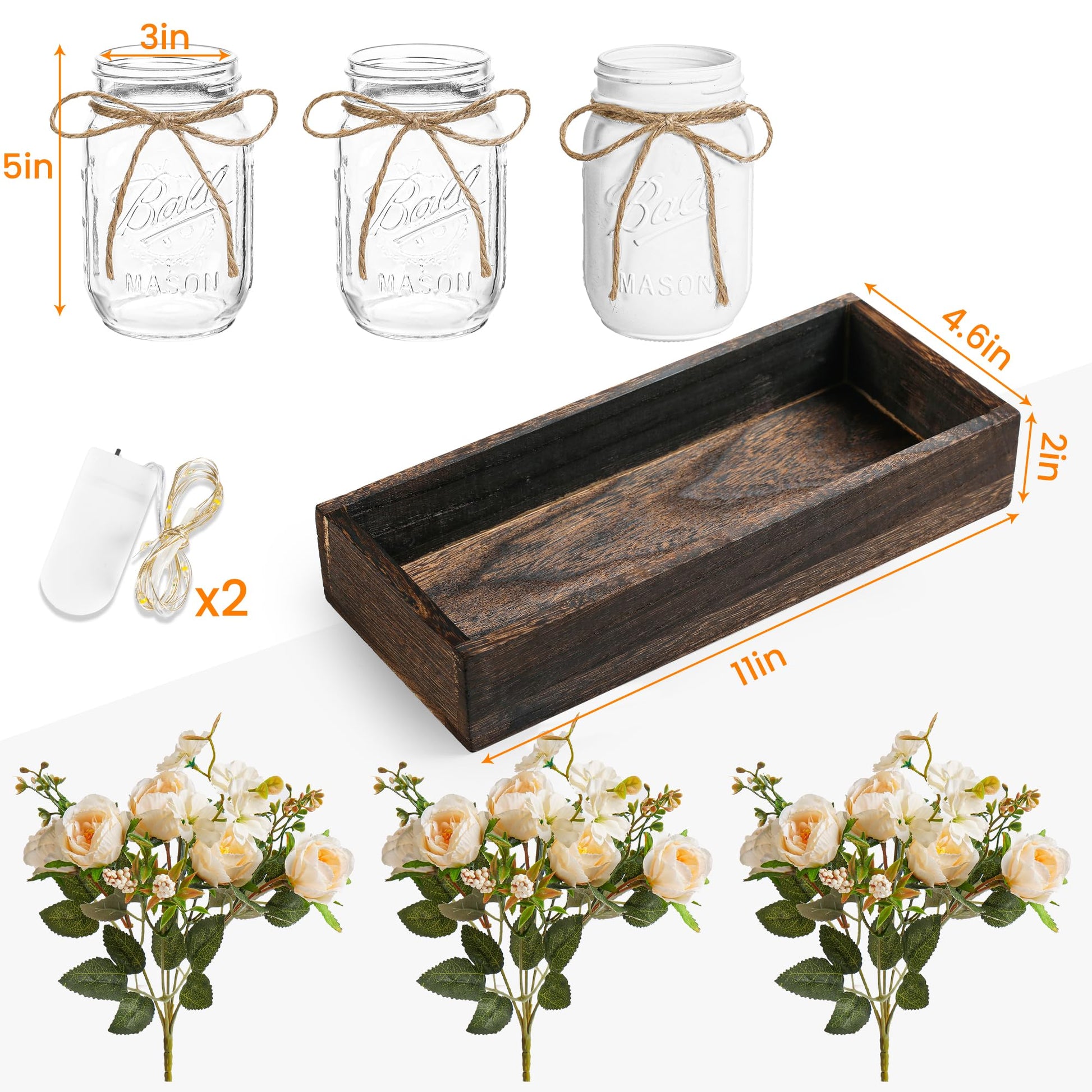 DUOER 3 Pcs Mason Jar Centerpiece Table Decorations for Dining Table Decor Farmhouse Coffee Table Decor with Wood Tray and Led Light Table Centerpieces for Dining room Kitchen Living Bathroom,White