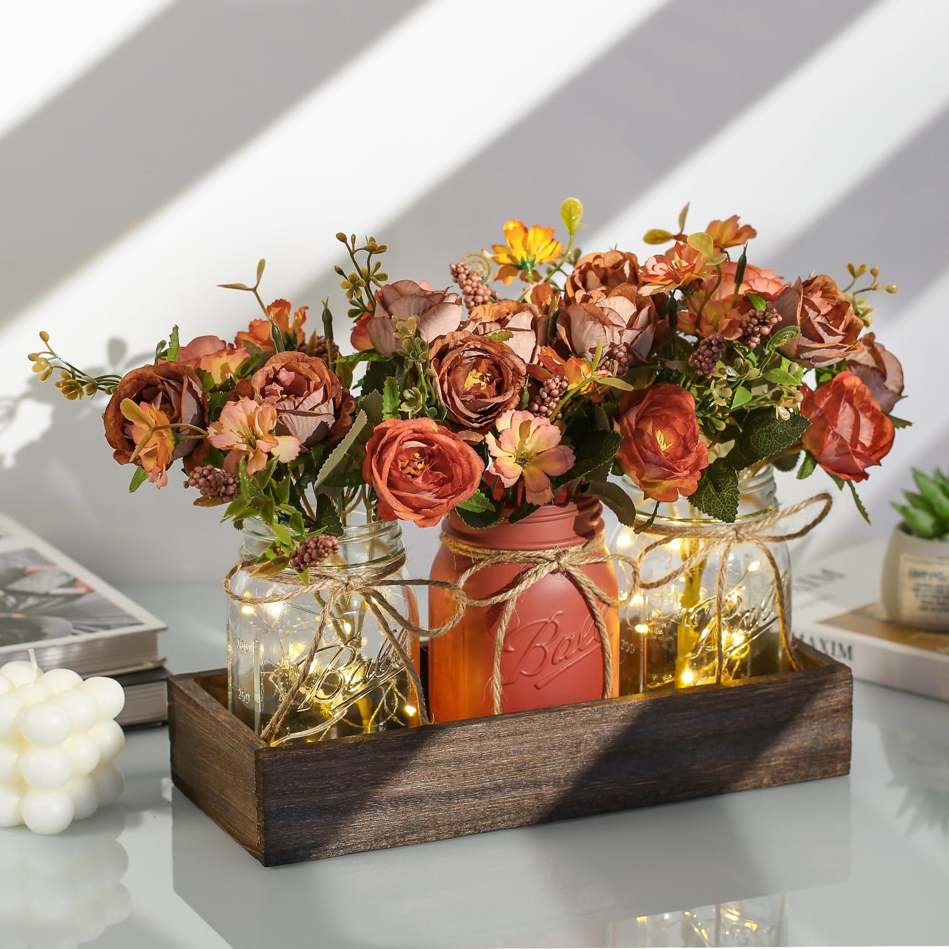 DUOER 3 Pcs Mason Jar Centerpiece Table Decorations for Dining Table Decor Farmhouse Coffee Table Decor with Wood Tray and Led Light Table Centerpieces for Dining room Kitchen Living Bathroom,White
