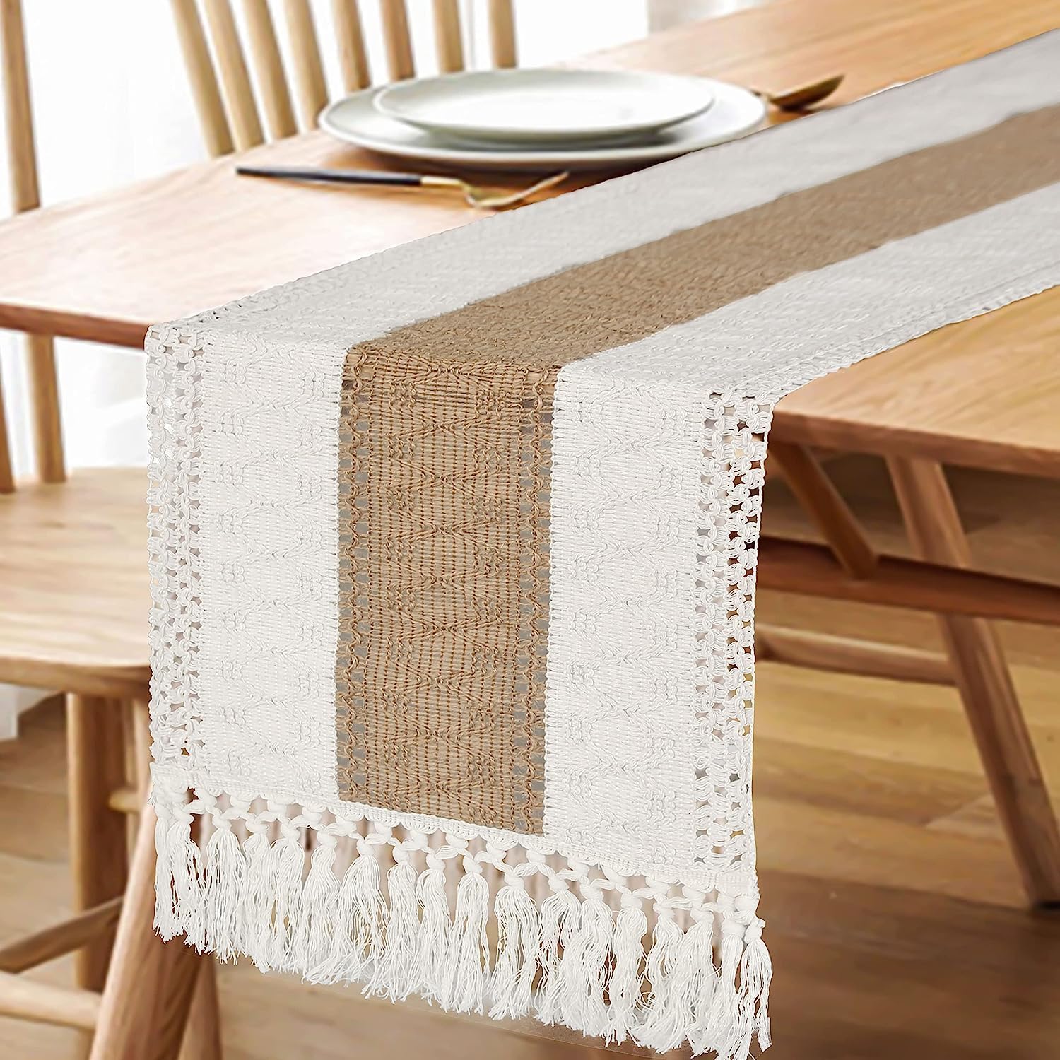 FEXIA Boho Table Runner for Summer Home Decor with Tassels 72 Inches Long Farmhouse Rustic Table Runner Macrame Burlap Table Decoration for Living Room Bridal Shower(12x72 Inches)
