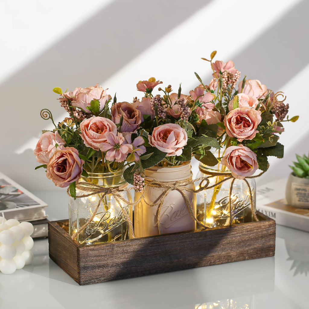 DUOER 3 Pcs Mason Jar Centerpiece Table Decorations for Dining Table Decor Farmhouse Coffee Table Decor with Wood Tray and Led Light Table Centerpieces for Dining room Kitchen Living Bathroom,White