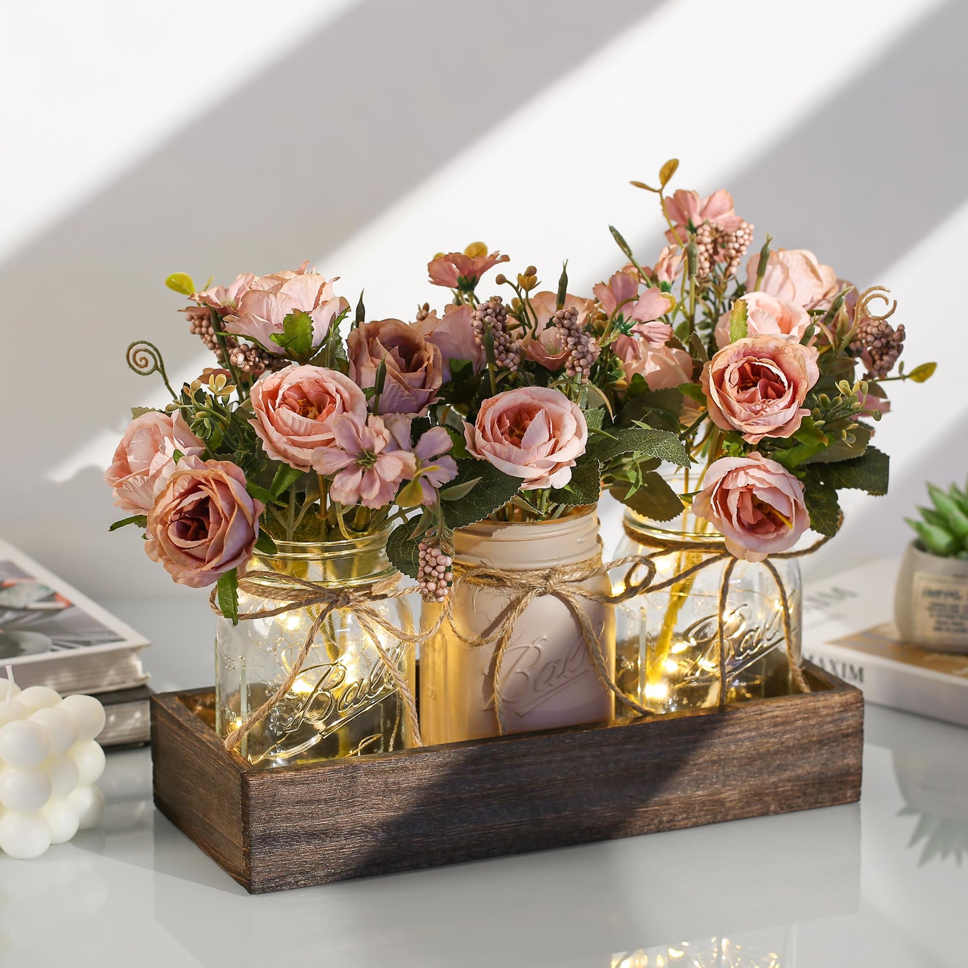 DUOER 3 Pcs Mason Jar Centerpiece Table Decorations for Dining Table Decor Farmhouse Coffee Table Decor with Wood Tray and Led Light Table Centerpieces for Dining room Kitchen Living Bathroom,White