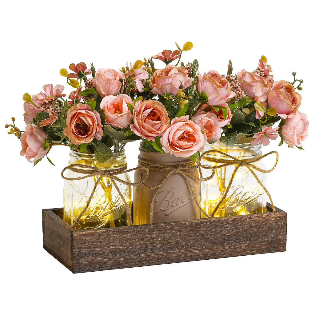 DUOER 3 Pcs Mason Jar Centerpiece Table Decorations for Dining Table Decor Farmhouse Coffee Table Decor with Wood Tray and Led Light Table Centerpieces for Dining room Kitchen Living Bathroom,White
