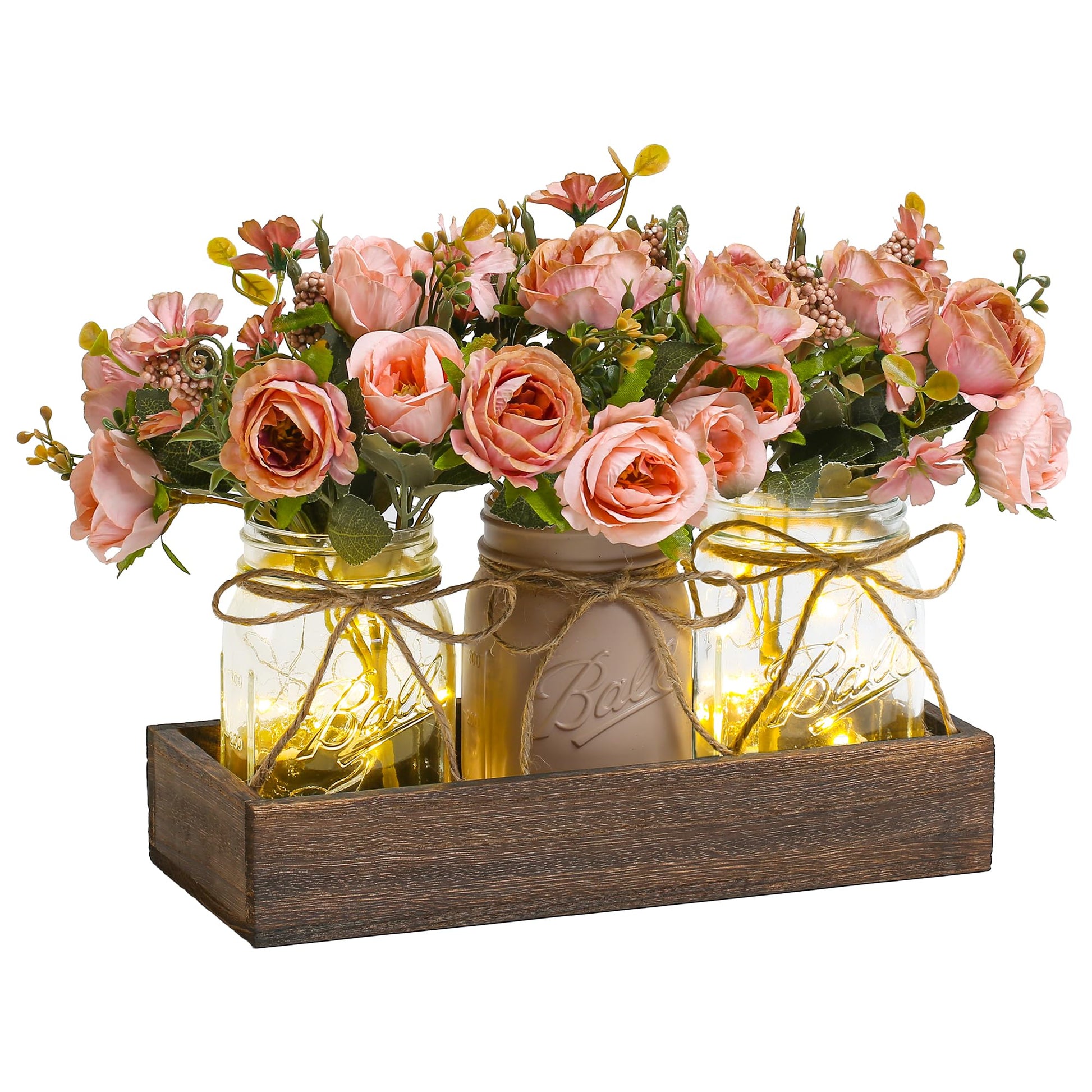 DUOER 3 Pcs Mason Jar Centerpiece Table Decorations for Dining Table Decor Farmhouse Coffee Table Decor with Wood Tray and Led Light Table Centerpieces for Dining room Kitchen Living Bathroom,White