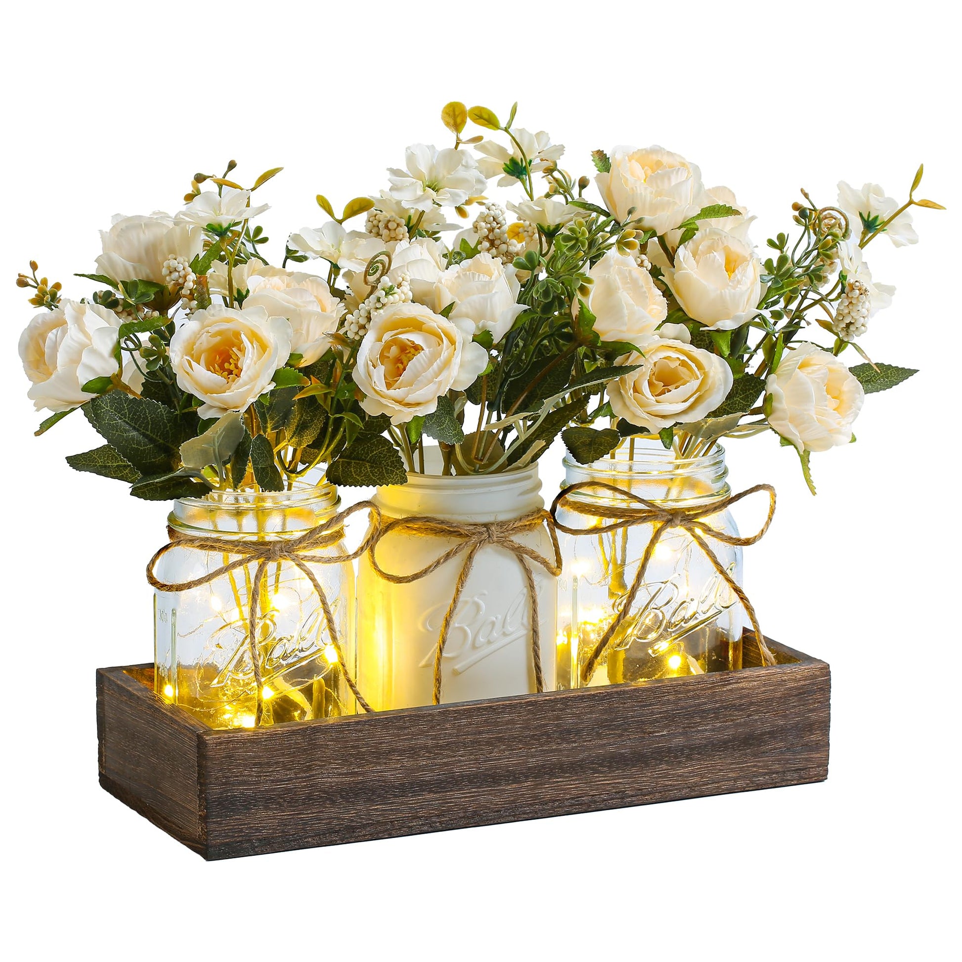 DUOER 3 Pcs Mason Jar Centerpiece Table Decorations for Dining Table Decor Farmhouse Coffee Table Decor with Wood Tray and Led Light Table Centerpieces for Dining room Kitchen Living Bathroom,White