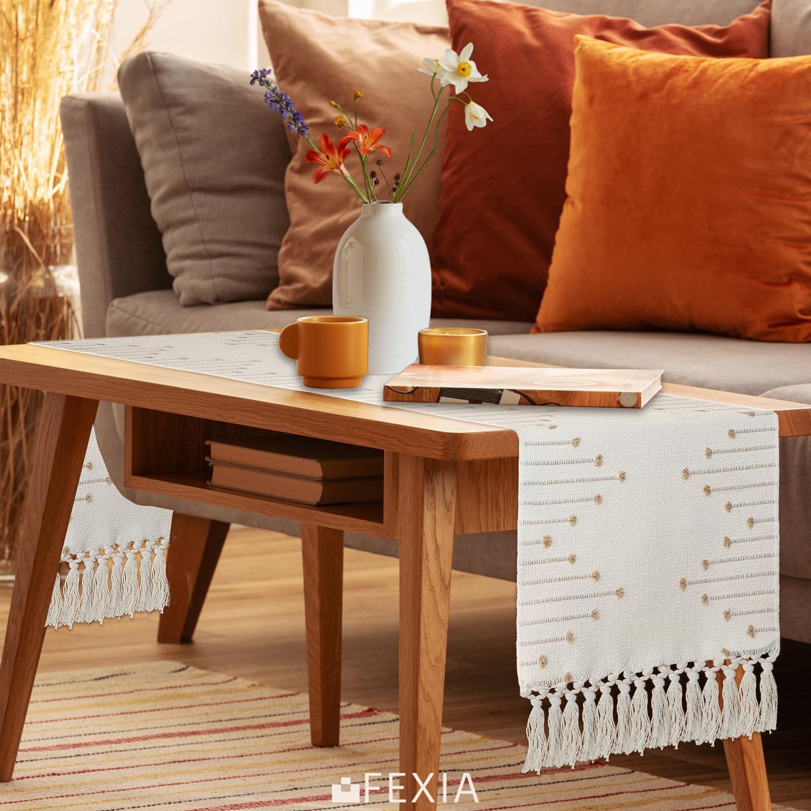 FEXIA Boho Table Runner for Summer Home Decor with Tassels 72 Inches Long Farmhouse Rustic Table Runner Macrame Burlap Table Decoration for Living Room Bridal Shower(12x72 Inches)