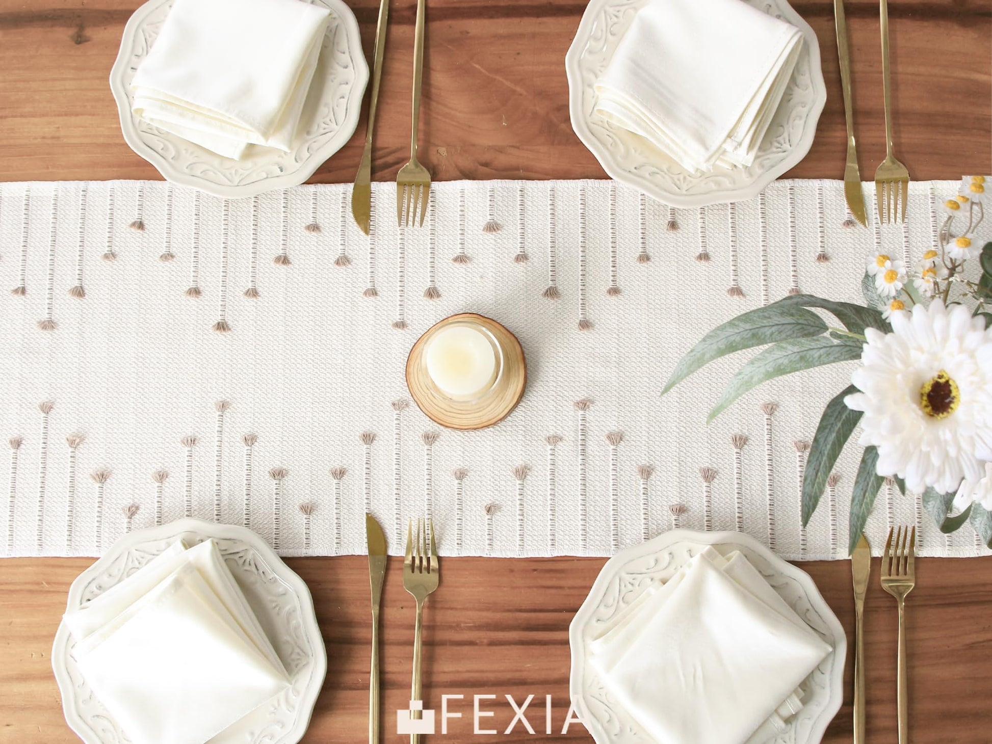 FEXIA Boho Table Runner for Summer Home Decor with Tassels 72 Inches Long Farmhouse Rustic Table Runner Macrame Burlap Table Decoration for Living Room Bridal Shower(12x72 Inches)