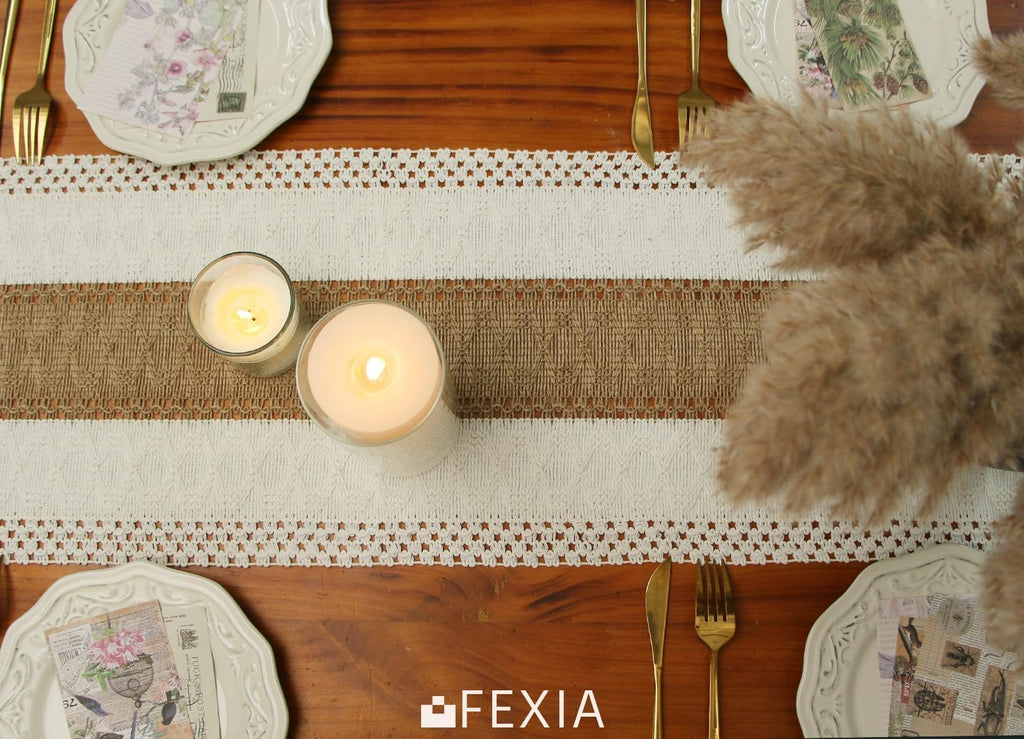 FEXIA Boho Table Runner for Summer Home Decor with Tassels 72 Inches Long Farmhouse Rustic Table Runner Macrame Burlap Table Decoration for Living Room Bridal Shower(12x72 Inches)