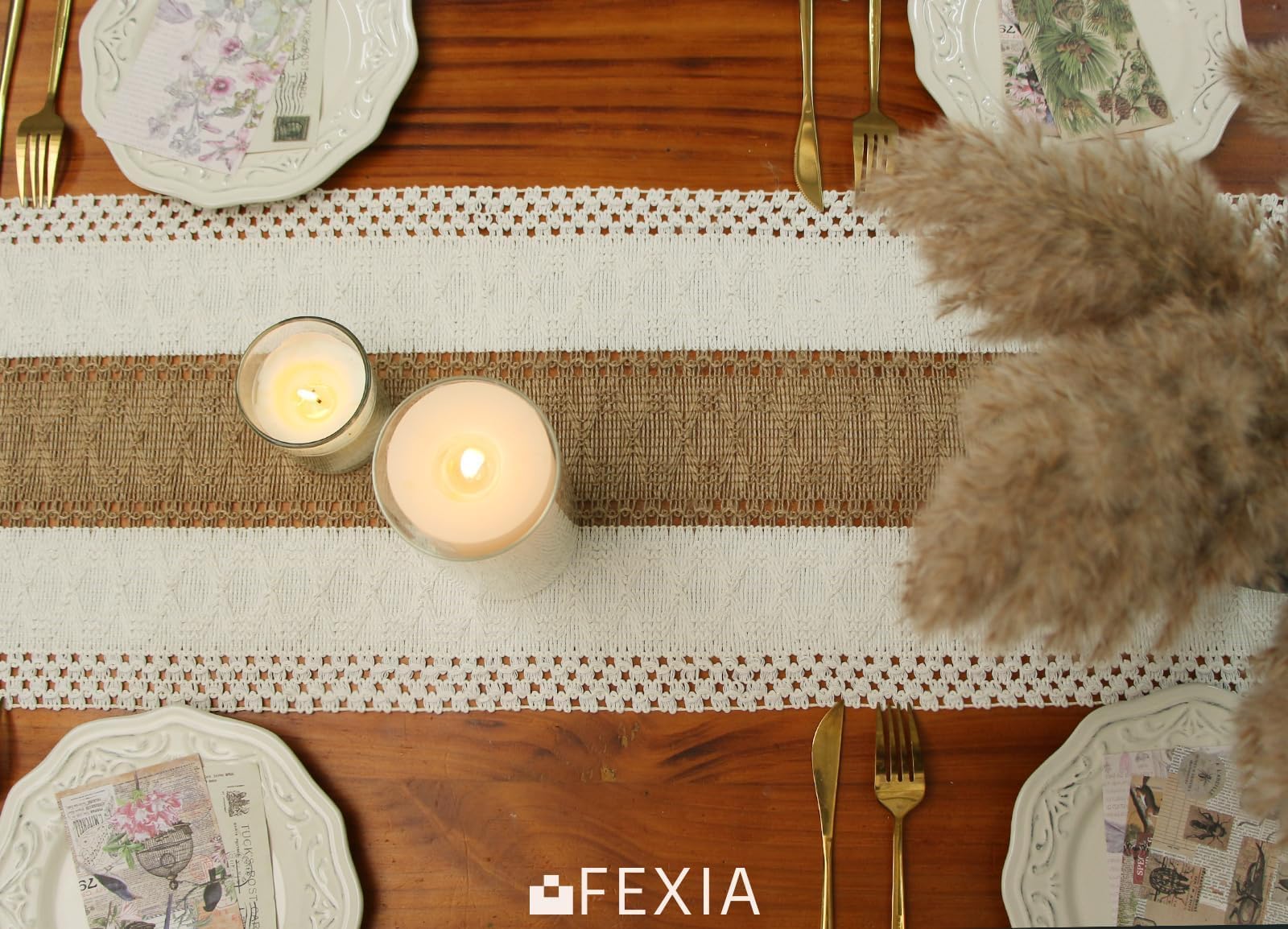 FEXIA Boho Table Runner for Summer Home Decor with Tassels 72 Inches Long Farmhouse Rustic Table Runner Macrame Burlap Table Decoration for Living Room Bridal Shower(12x72 Inches)