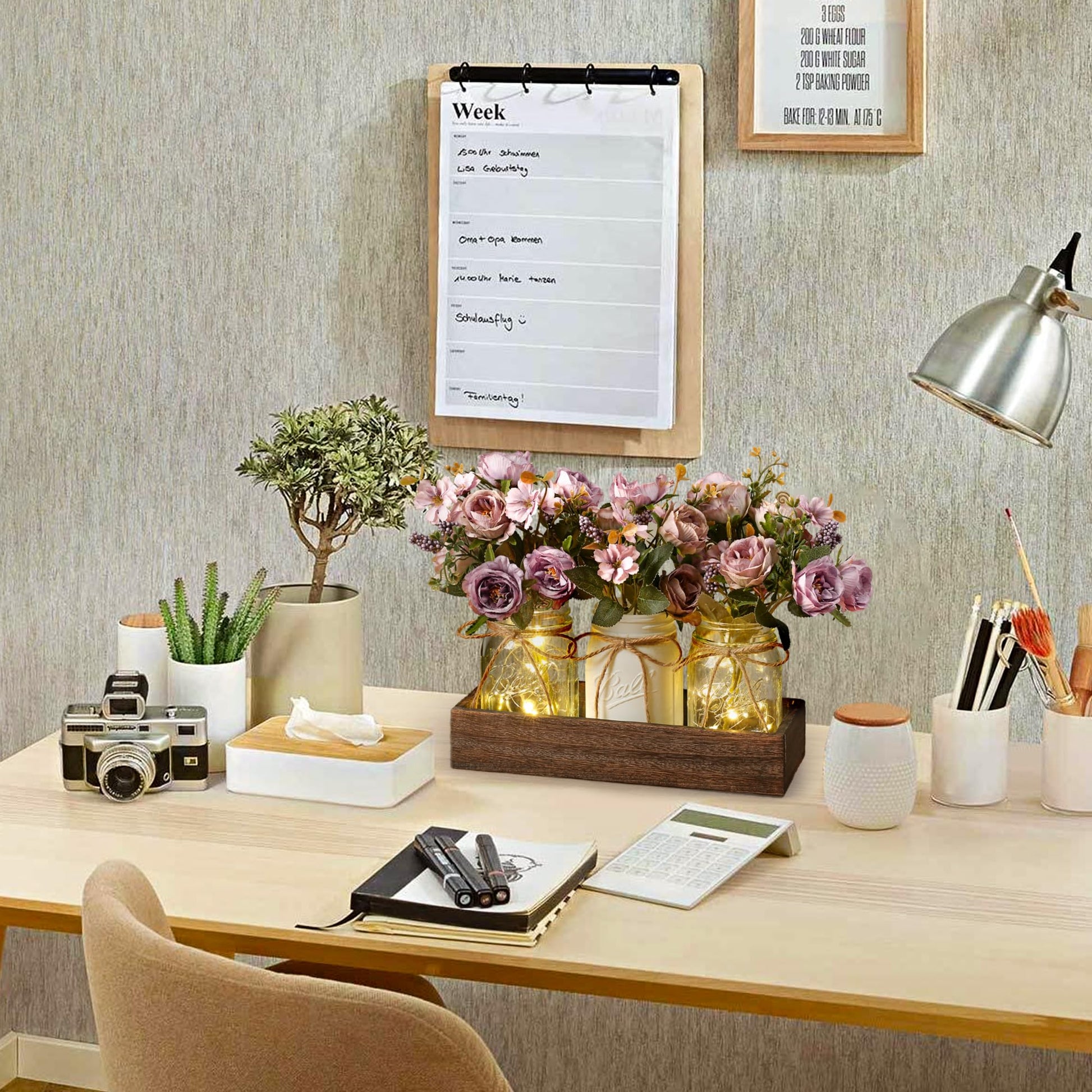 DUOER 3 Pcs Mason Jar Centerpiece Table Decorations for Dining Table Decor Farmhouse Coffee Table Decor with Wood Tray and Led Light Table Centerpieces for Dining room Kitchen Living Bathroom,White