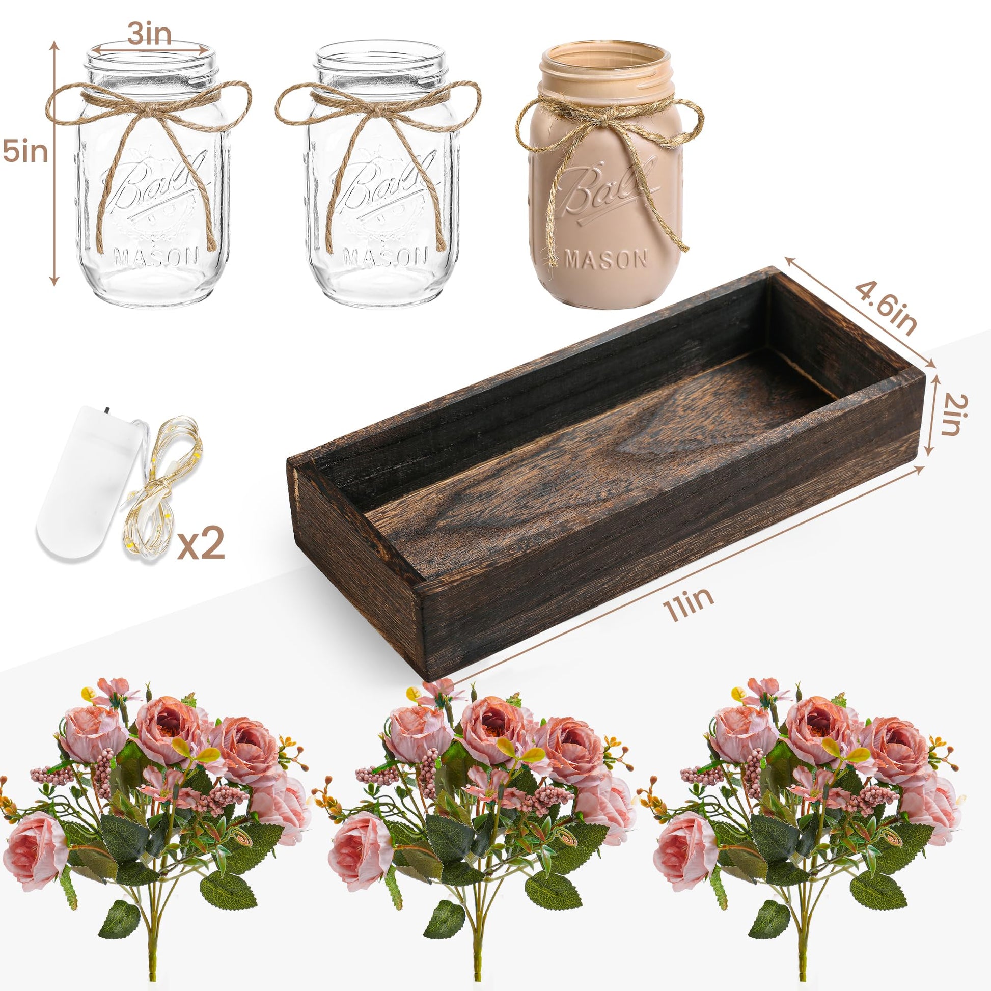 DUOER 3 Pcs Mason Jar Centerpiece Table Decorations for Dining Table Decor Farmhouse Coffee Table Decor with Wood Tray and Led Light Table Centerpieces for Dining room Kitchen Living Bathroom,White