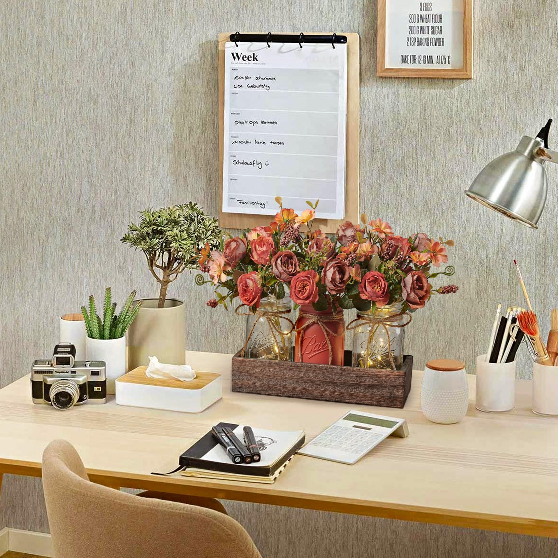DUOER 3 Pcs Mason Jar Centerpiece Table Decorations for Dining Table Decor Farmhouse Coffee Table Decor with Wood Tray and Led Light Table Centerpieces for Dining room Kitchen Living Bathroom,White