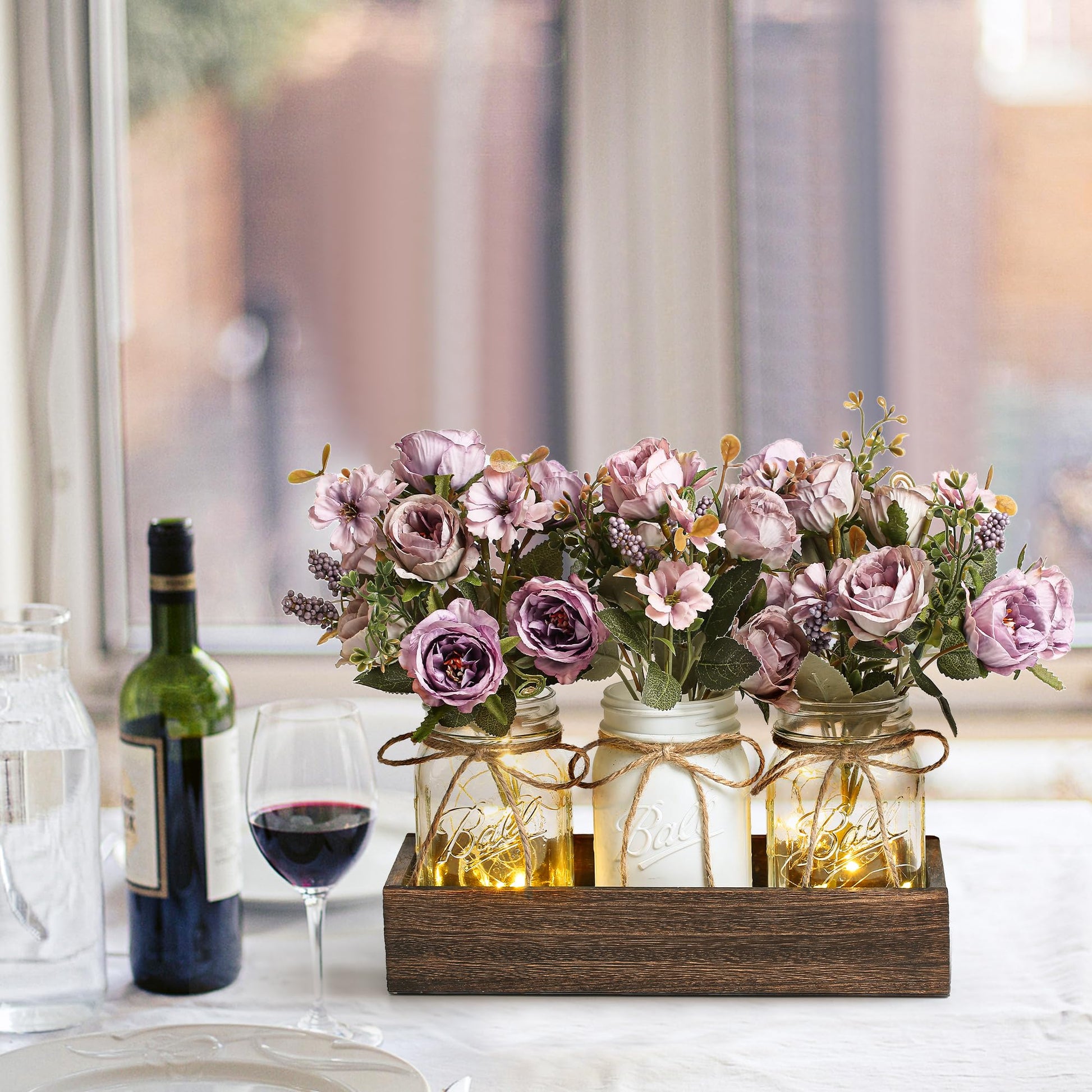 DUOER 3 Pcs Mason Jar Centerpiece Table Decorations for Dining Table Decor Farmhouse Coffee Table Decor with Wood Tray and Led Light Table Centerpieces for Dining room Kitchen Living Bathroom,White