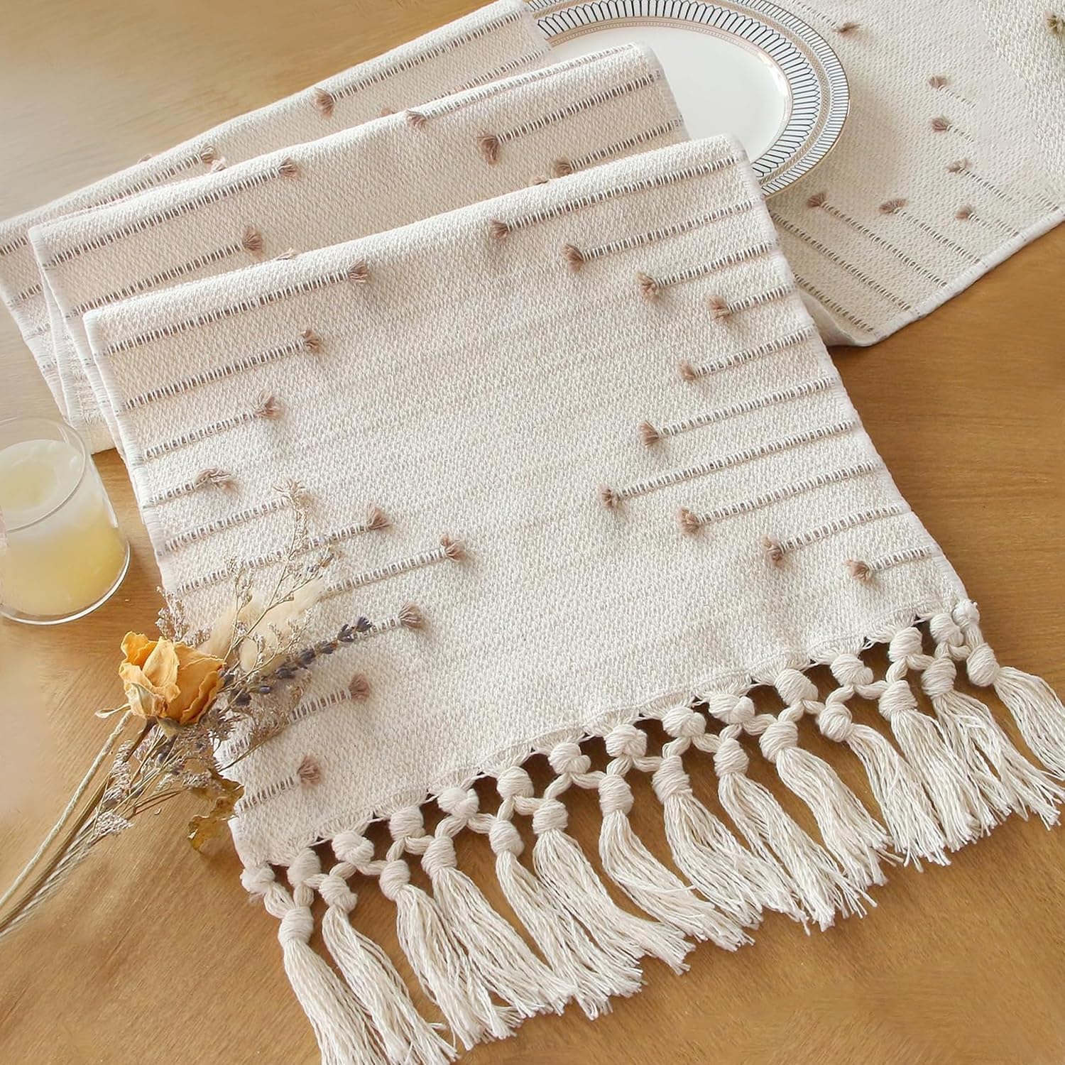 FEXIA Boho Table Runner for Summer Home Decor with Tassels 72 Inches Long Farmhouse Rustic Table Runner Macrame Burlap Table Decoration for Living Room Bridal Shower(12x72 Inches)