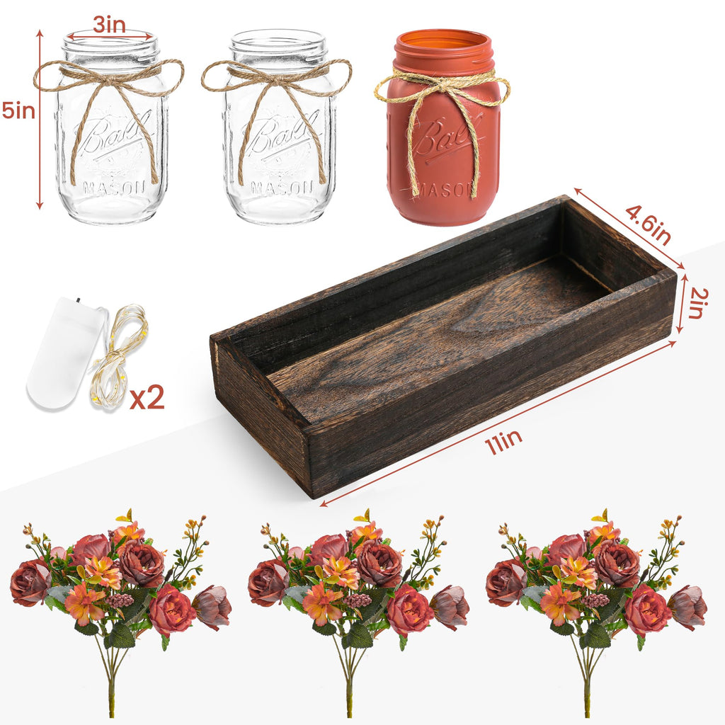DUOER 3 Pcs Mason Jar Centerpiece Table Decorations for Dining Table Decor Farmhouse Coffee Table Decor with Wood Tray and Led Light Table Centerpieces for Dining room Kitchen Living Bathroom,White
