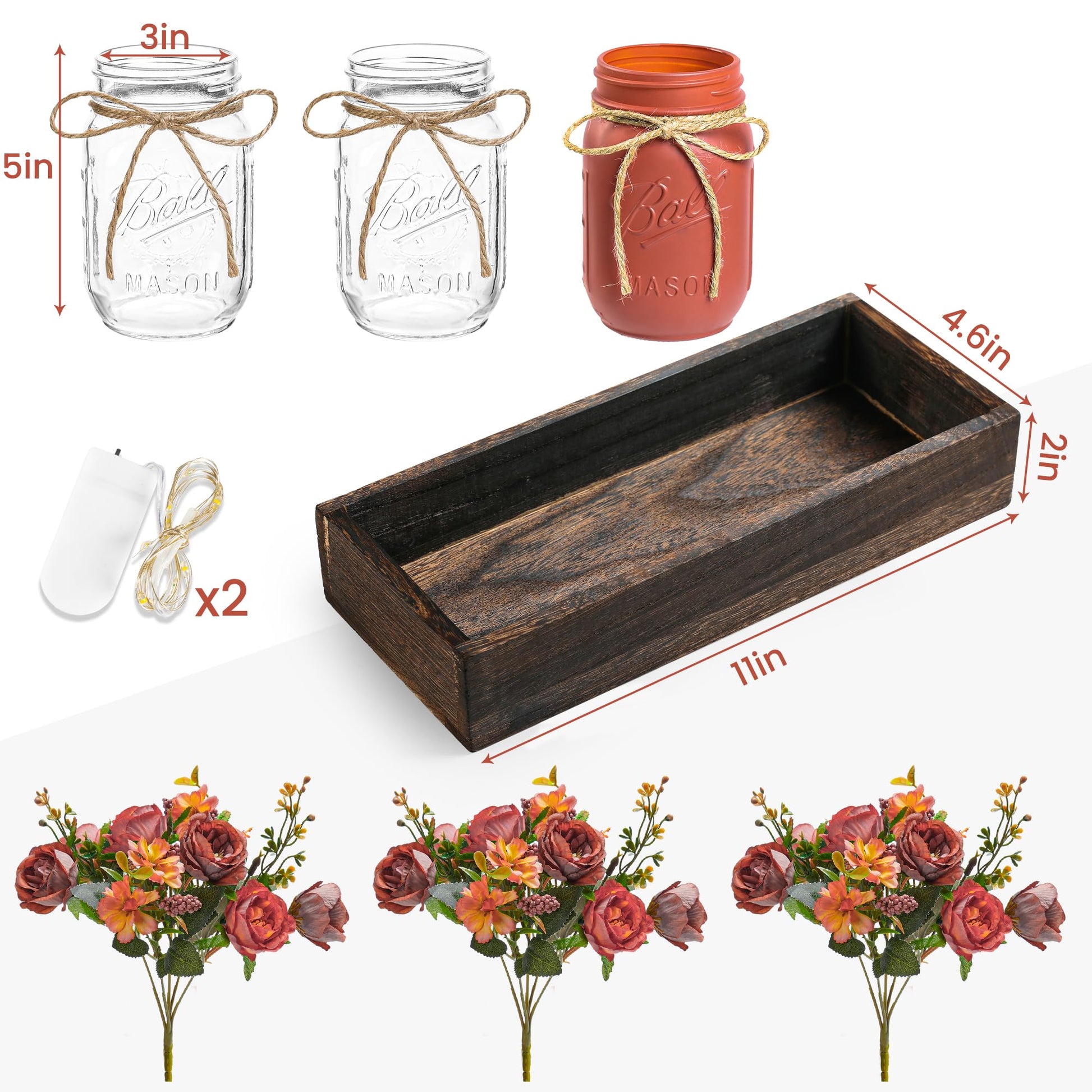 DUOER 3 Pcs Mason Jar Centerpiece Table Decorations for Dining Table Decor Farmhouse Coffee Table Decor with Wood Tray and Led Light Table Centerpieces for Dining room Kitchen Living Bathroom,White