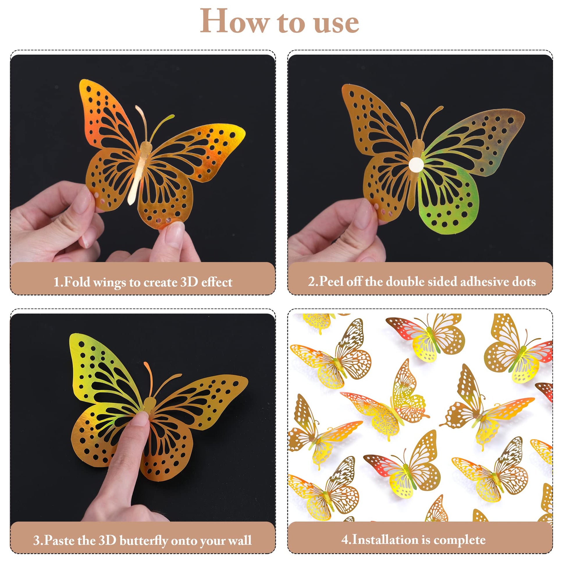 SAOROPEB 3D Butterfly Wall Decor - 48 Pcs, 4 Styles, 3 Sizes, Gold Butterfly Decorations for Birthday & Party Celebrations, Removable Stickers