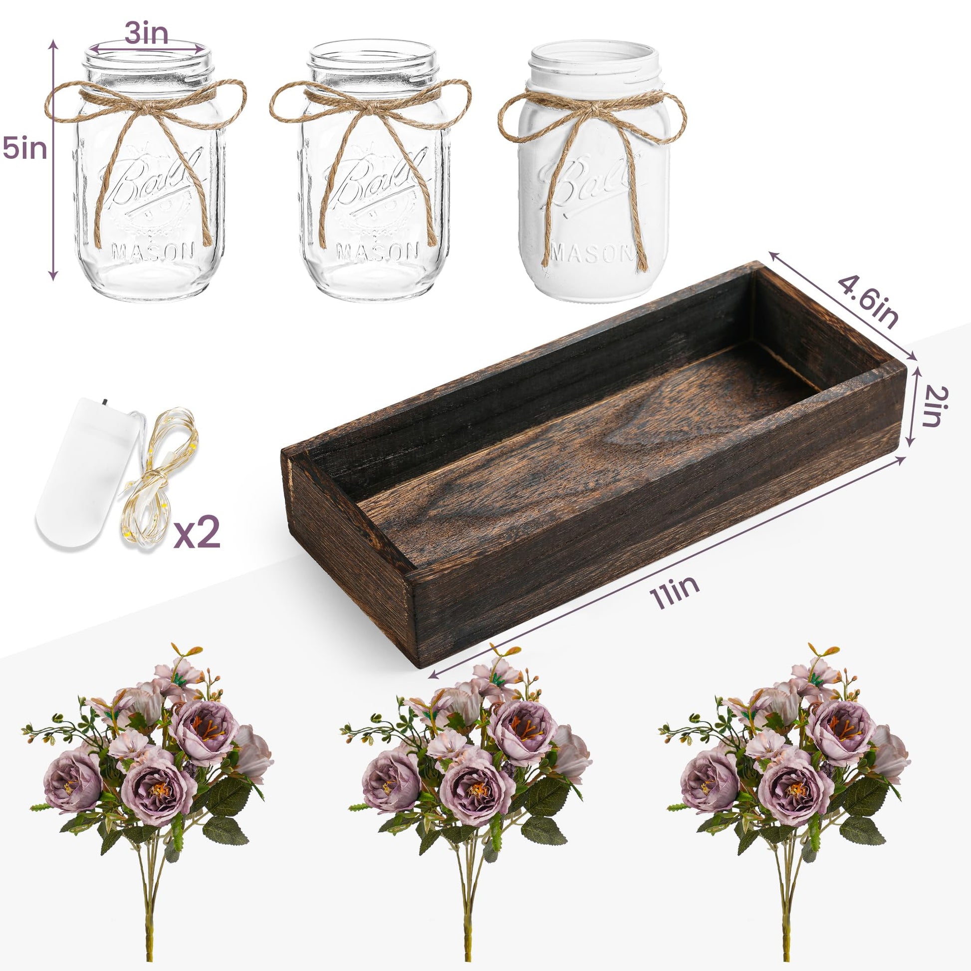 DUOER 3 Pcs Mason Jar Centerpiece Table Decorations for Dining Table Decor Farmhouse Coffee Table Decor with Wood Tray and Led Light Table Centerpieces for Dining room Kitchen Living Bathroom,White