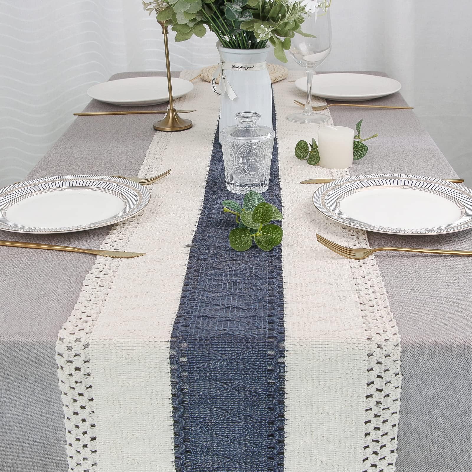 FEXIA Boho Table Runner for Summer Home Decor with Tassels 72 Inches Long Farmhouse Rustic Table Runner Macrame Burlap Table Decoration for Living Room Bridal Shower(12x72 Inches)