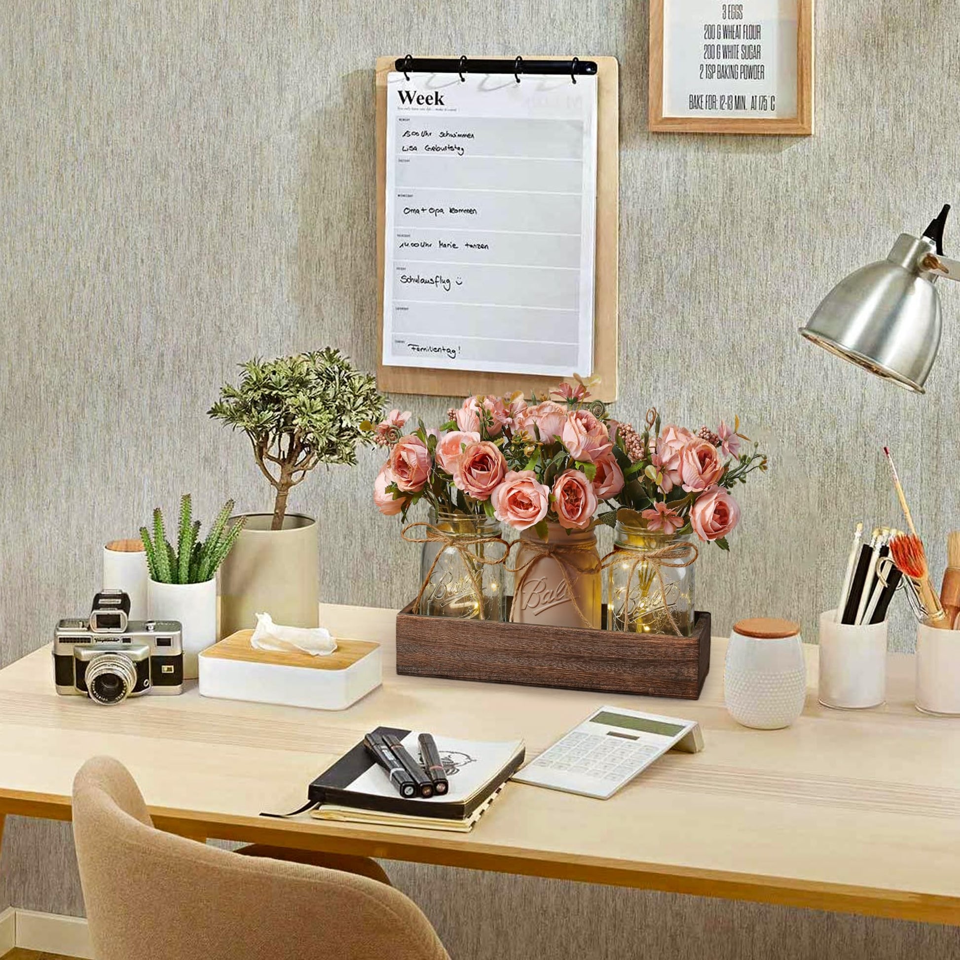 DUOER 3 Pcs Mason Jar Centerpiece Table Decorations for Dining Table Decor Farmhouse Coffee Table Decor with Wood Tray and Led Light Table Centerpieces for Dining room Kitchen Living Bathroom,White