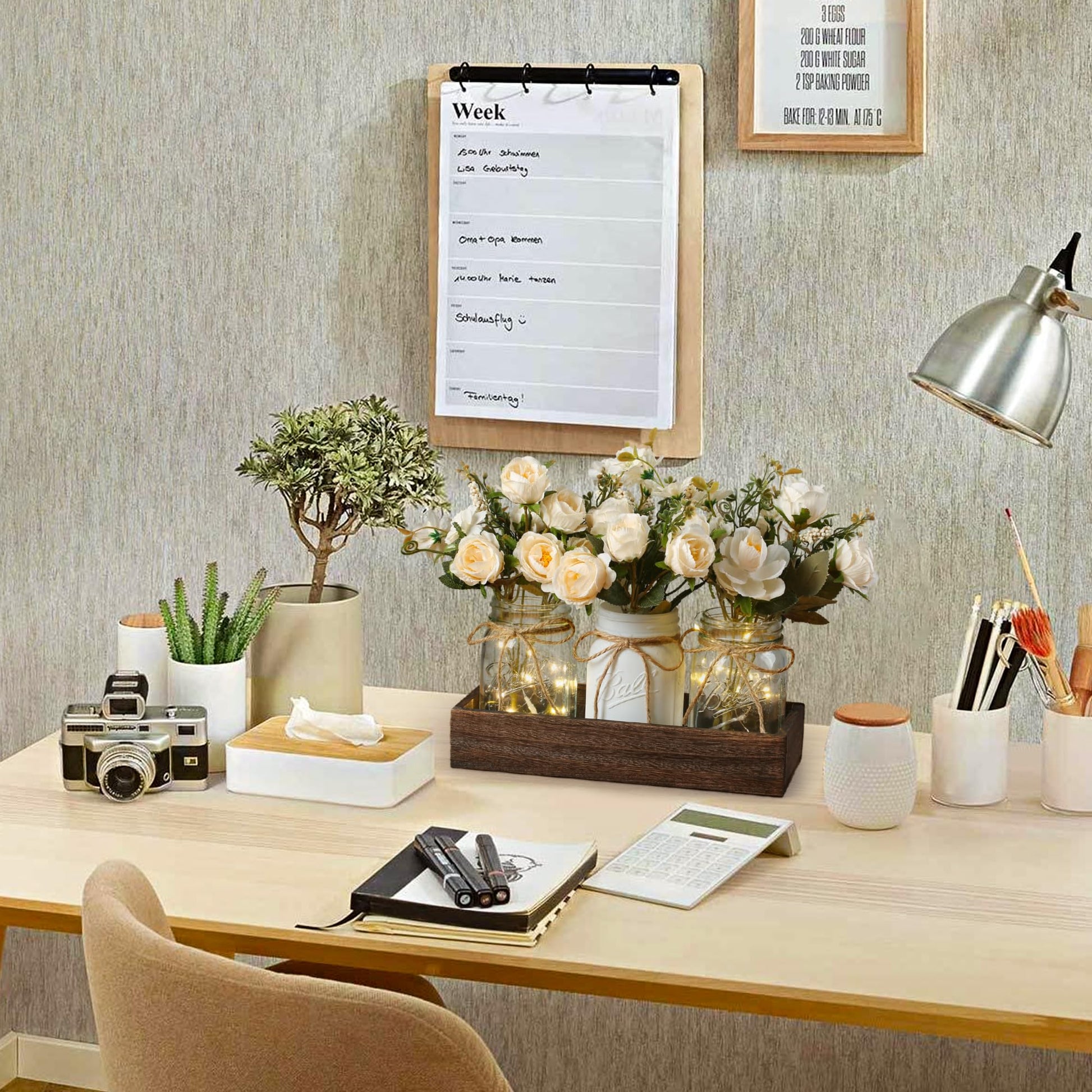 DUOER 3 Pcs Mason Jar Centerpiece Table Decorations for Dining Table Decor Farmhouse Coffee Table Decor with Wood Tray and Led Light Table Centerpieces for Dining room Kitchen Living Bathroom,White