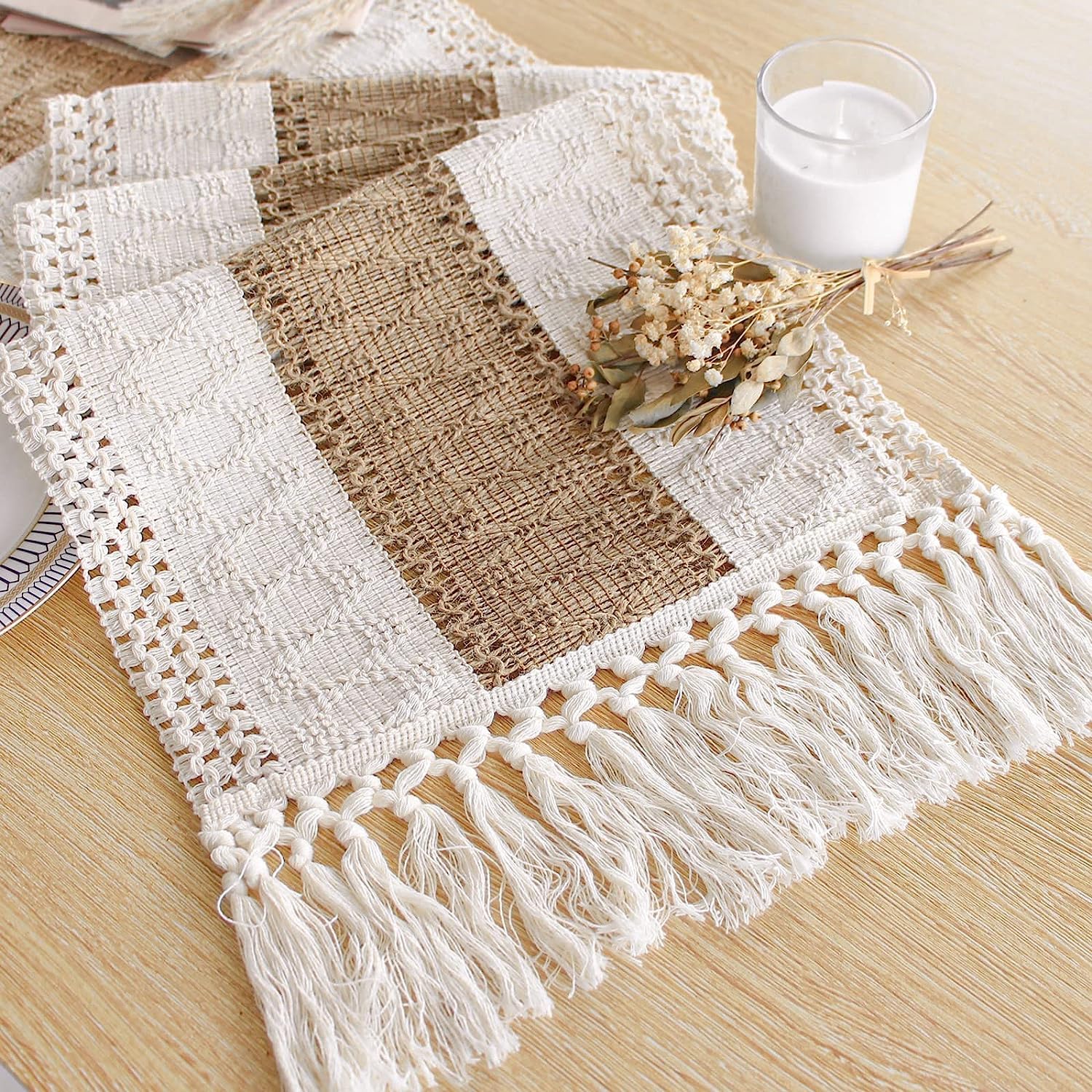 FEXIA Boho Table Runner for Summer Home Decor with Tassels 72 Inches Long Farmhouse Rustic Table Runner Macrame Burlap Table Decoration for Living Room Bridal Shower(12x72 Inches)