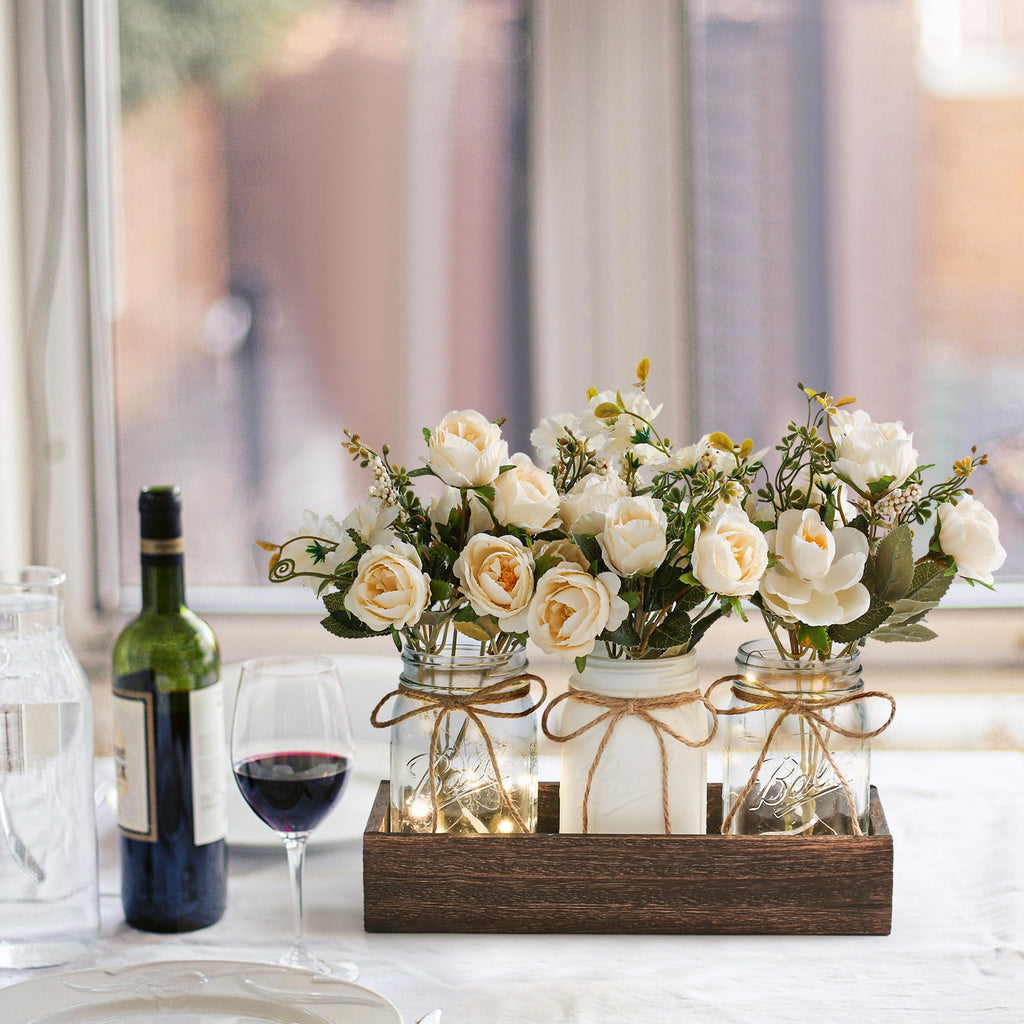 DUOER 3 Pcs Mason Jar Centerpiece Table Decorations for Dining Table Decor Farmhouse Coffee Table Decor with Wood Tray and Led Light Table Centerpieces for Dining room Kitchen Living Bathroom,White