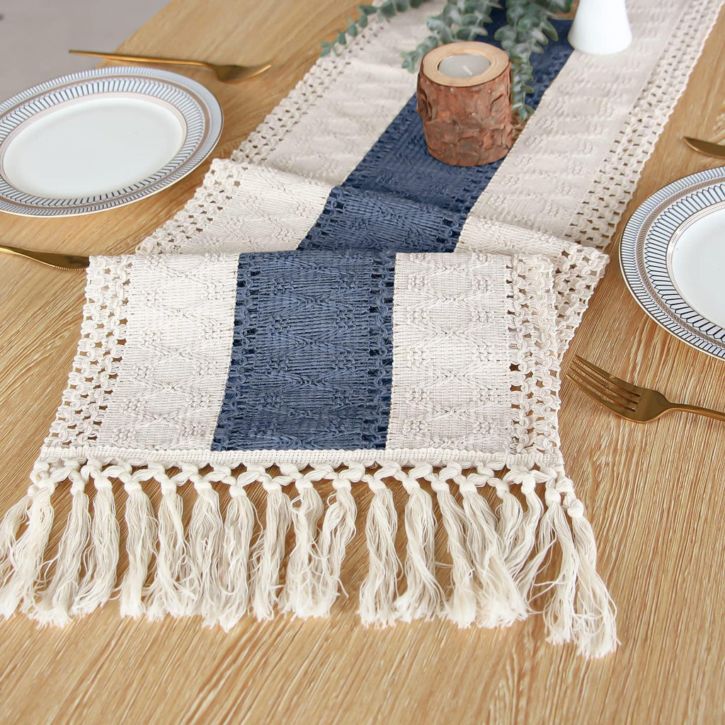 FEXIA Boho Table Runner for Summer Home Decor with Tassels 72 Inches Long Farmhouse Rustic Table Runner Macrame Burlap Table Decoration for Living Room Bridal Shower(12x72 Inches)