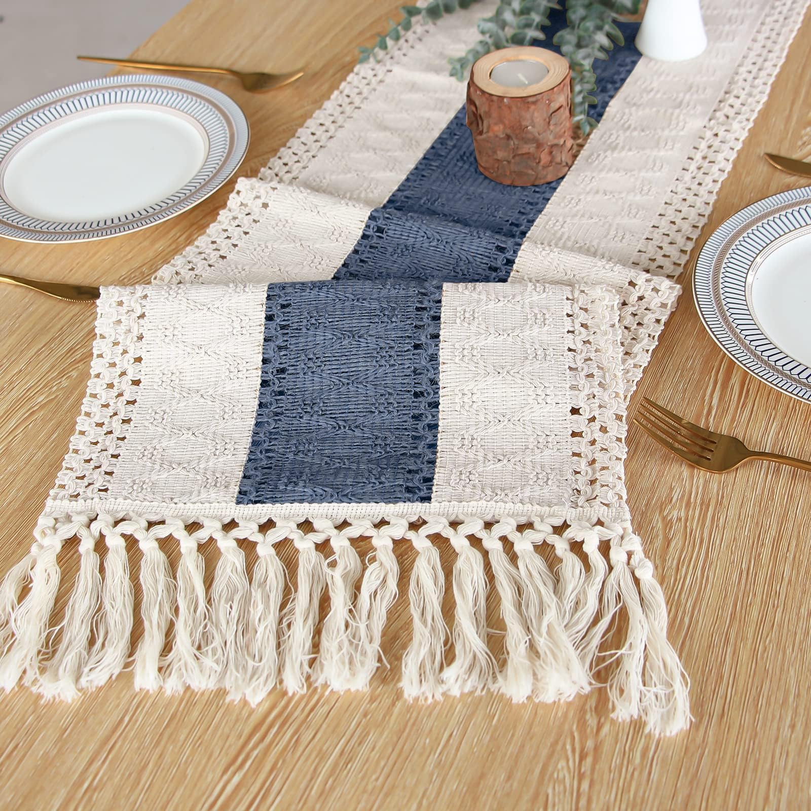 FEXIA Boho Table Runner for Summer Home Decor with Tassels 72 Inches Long Farmhouse Rustic Table Runner Macrame Burlap Table Decoration for Living Room Bridal Shower(12x72 Inches)