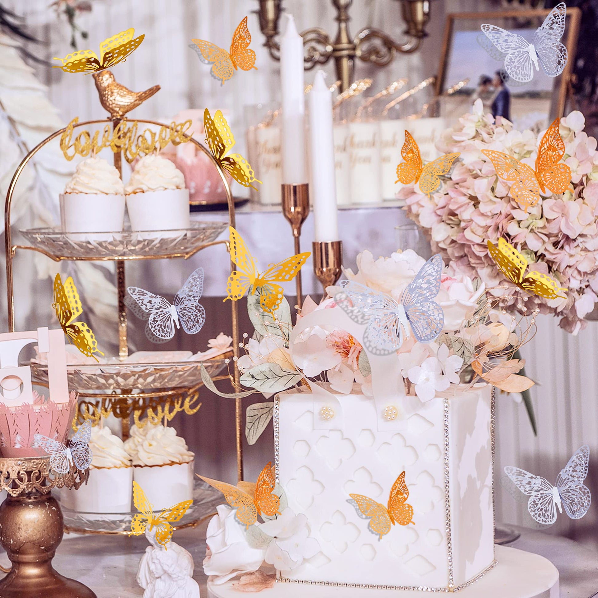 SAOROPEB 3D Butterfly Wall Decor - 48 Pcs, 4 Styles, 3 Sizes, Gold Butterfly Decorations for Birthday & Party Celebrations, Removable Stickers