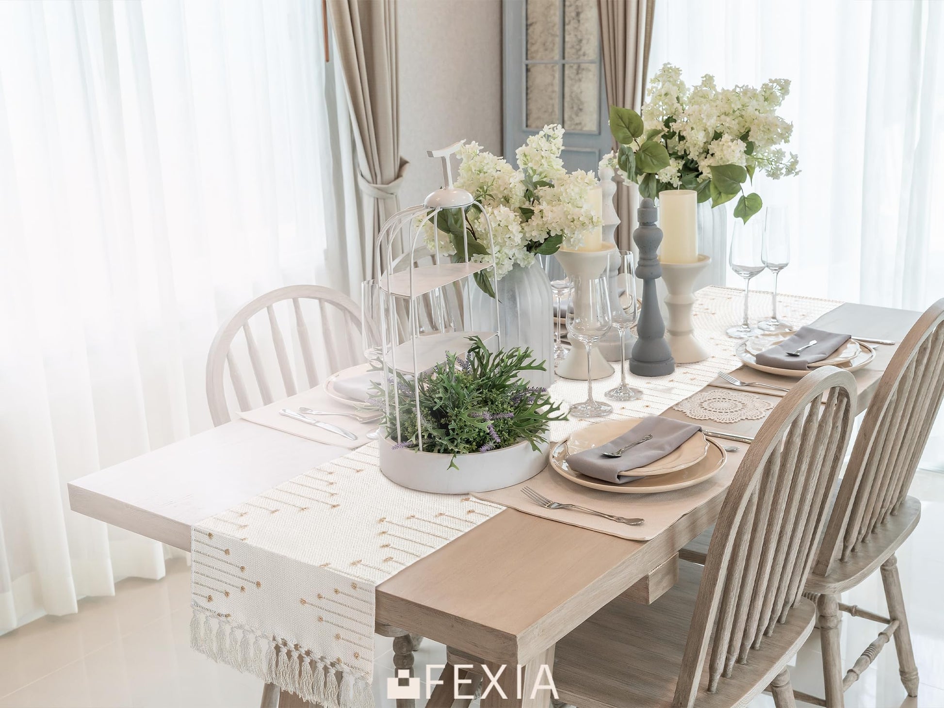 FEXIA Boho Table Runner for Summer Home Decor with Tassels 72 Inches Long Farmhouse Rustic Table Runner Macrame Burlap Table Decoration for Living Room Bridal Shower(12x72 Inches)