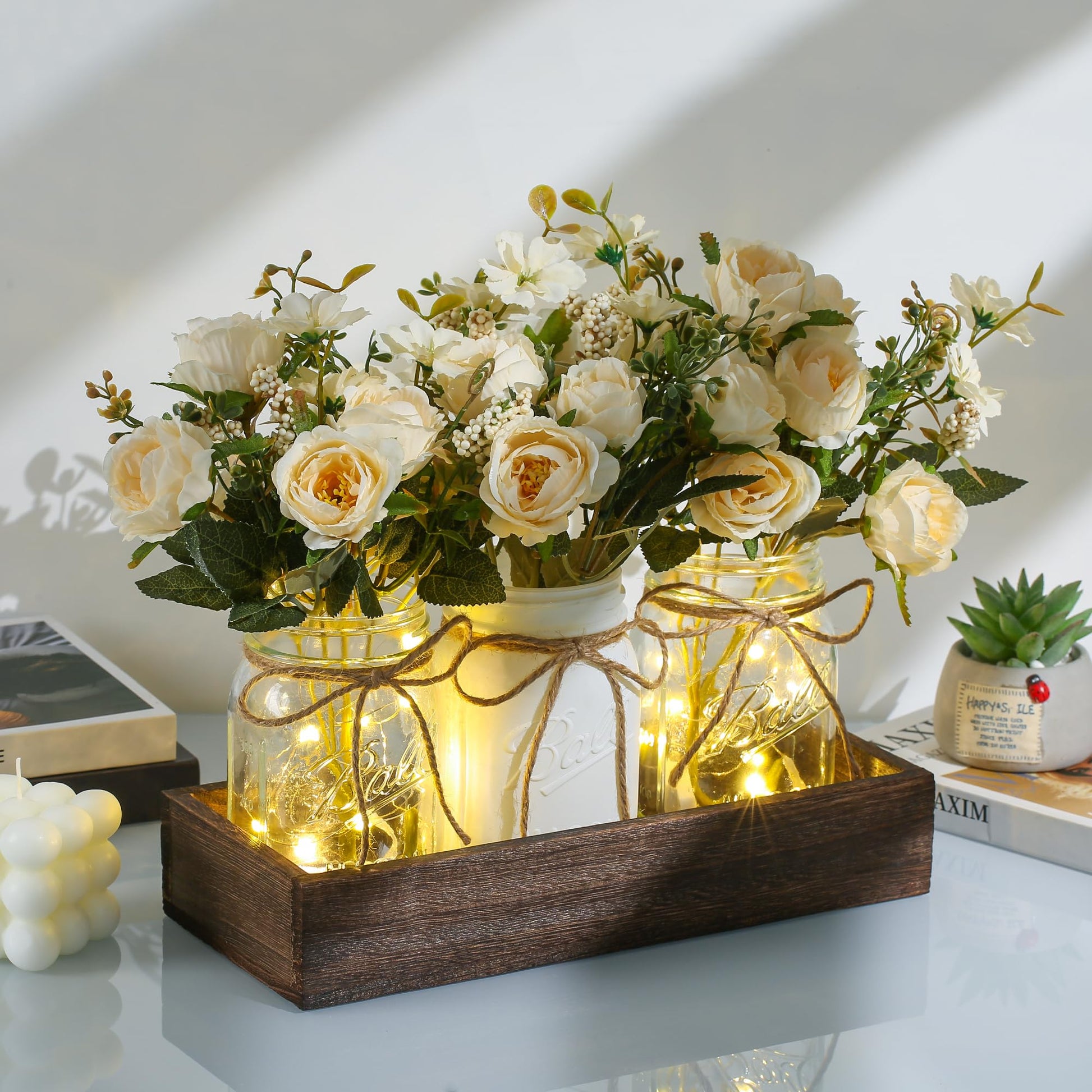 DUOER 3 Pcs Mason Jar Centerpiece Table Decorations for Dining Table Decor Farmhouse Coffee Table Decor with Wood Tray and Led Light Table Centerpieces for Dining room Kitchen Living Bathroom,White